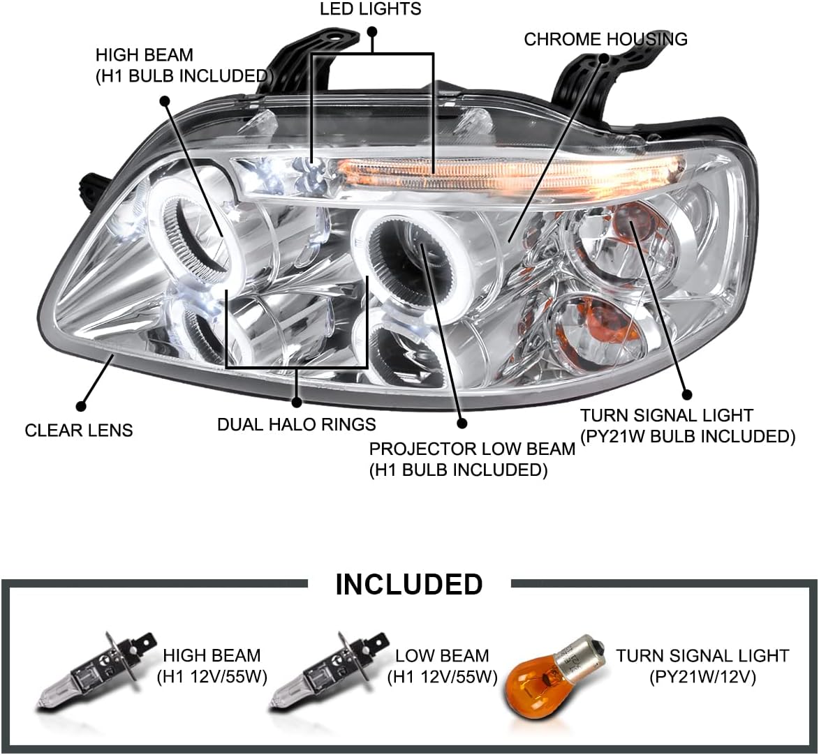 SPEC-D TUNING Chrome Projector Headlights Compatible with 2004-2008 Chevy Aveo 4 Door Sedan/Hatchback, 2004-2006 Chevy Aveo5 4 Door Hatchback, Left + Right Pair Headlamps Assembly