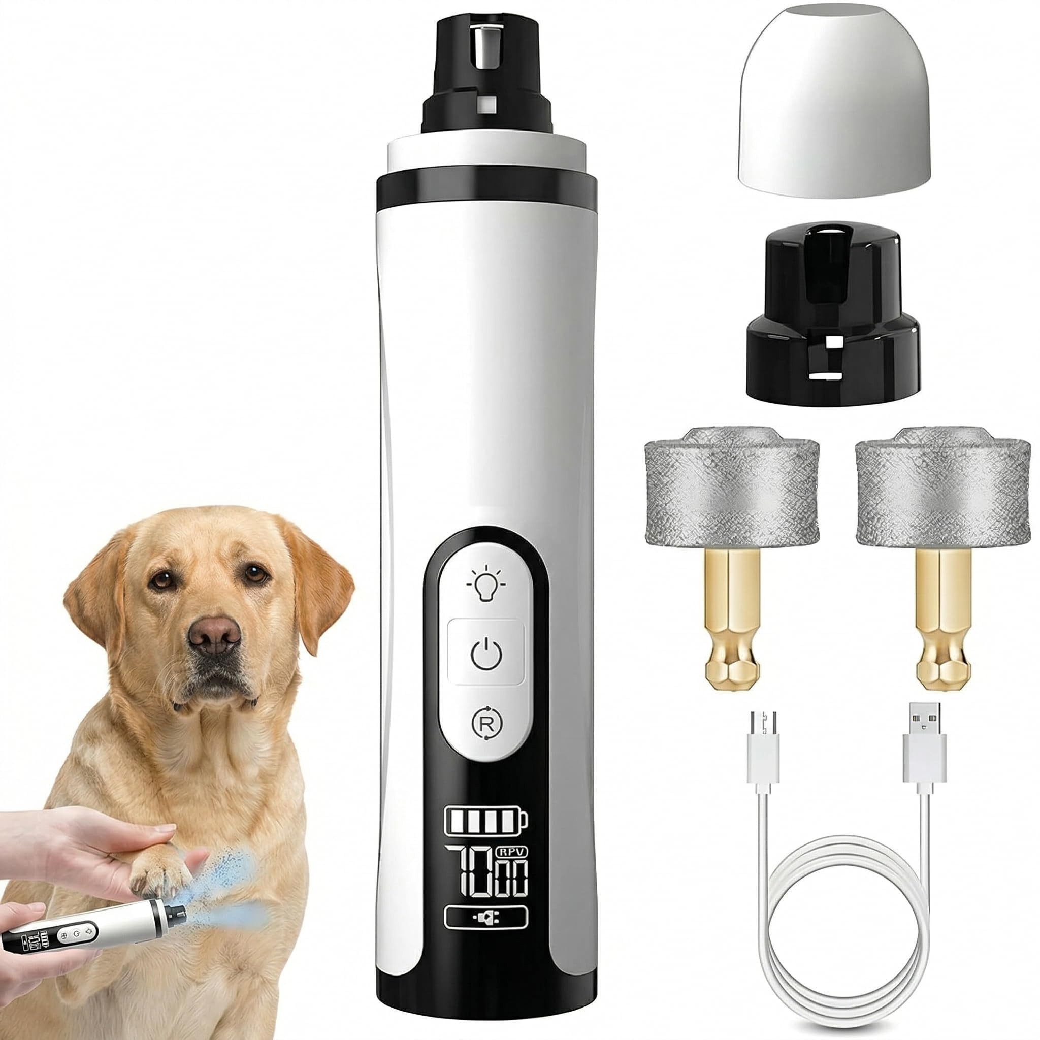 Heusom Silent Groom Pro Nail Grinder,Quiet Dog Nail Grinder with 3-Speed Adjustment,Built-In LED Light,USB Rechargeable,and Replaceable Grinding Heads(2 Extra Included),Suitable for Both Dogs and Cats