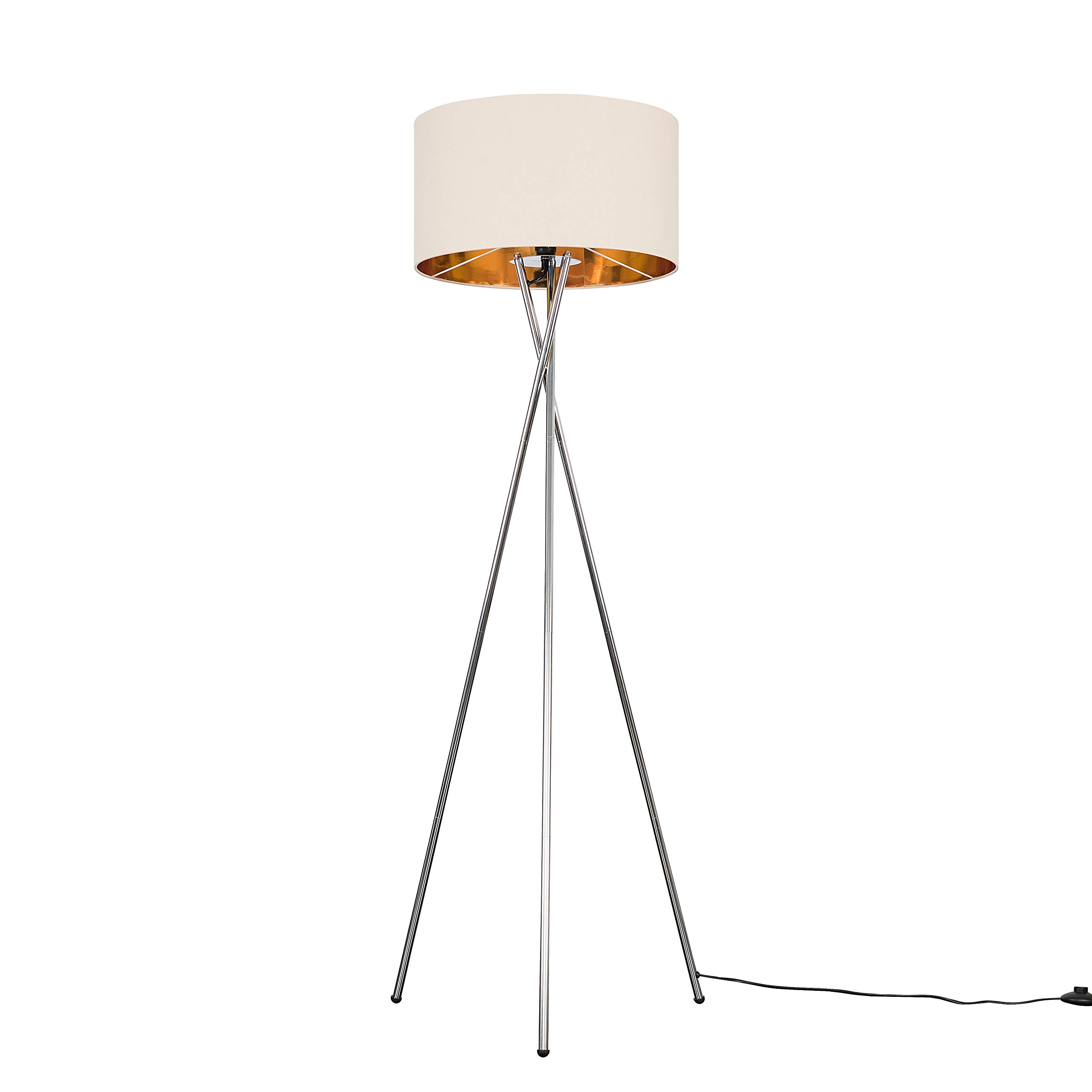 MiniSun | Modern Polished Chrome Metal Tripod Floor Lamp with a Beige and Gold Shade | Home Décor, Bedside & Desk Lamp