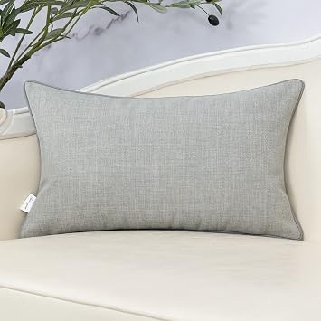 Yangest Grey Patchwork Linen Lumbar Throw Pillow Cover Farmhouse Burlap Cushion Case Faux Leather Oblong Pillowcase for Sofa Couch Bedroom Living Room Home Decor, 12x20 Inch