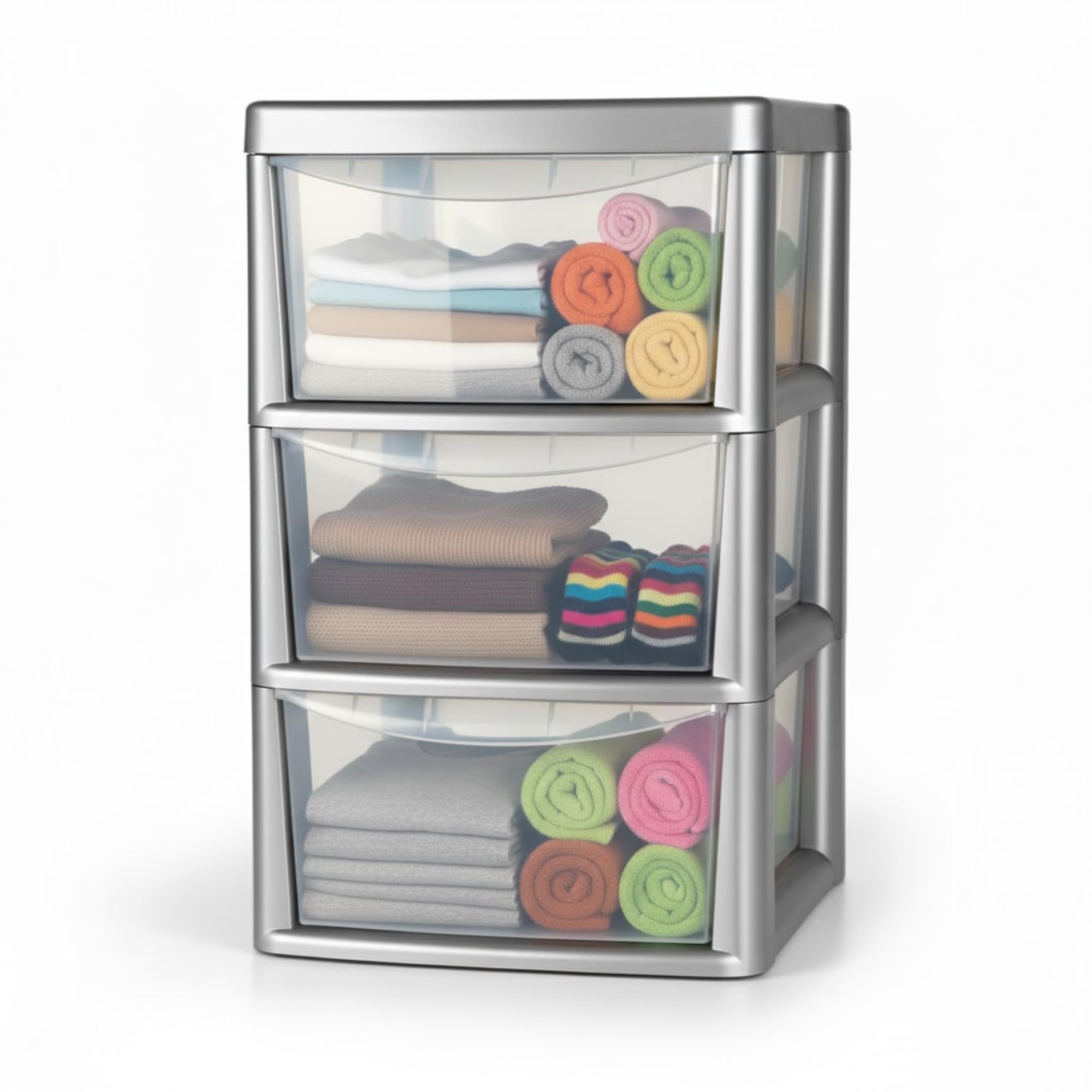 ALEEZ - Large Plastic Drawer Storage Unit - Rattan Effect 3 Drawer Cabinet - Multipurpose Storage Organiser - Office, Tabletop Desktop Drawer - Bedroom Chest Drawer Unit - (Silver/Clear, 3 Drawer)