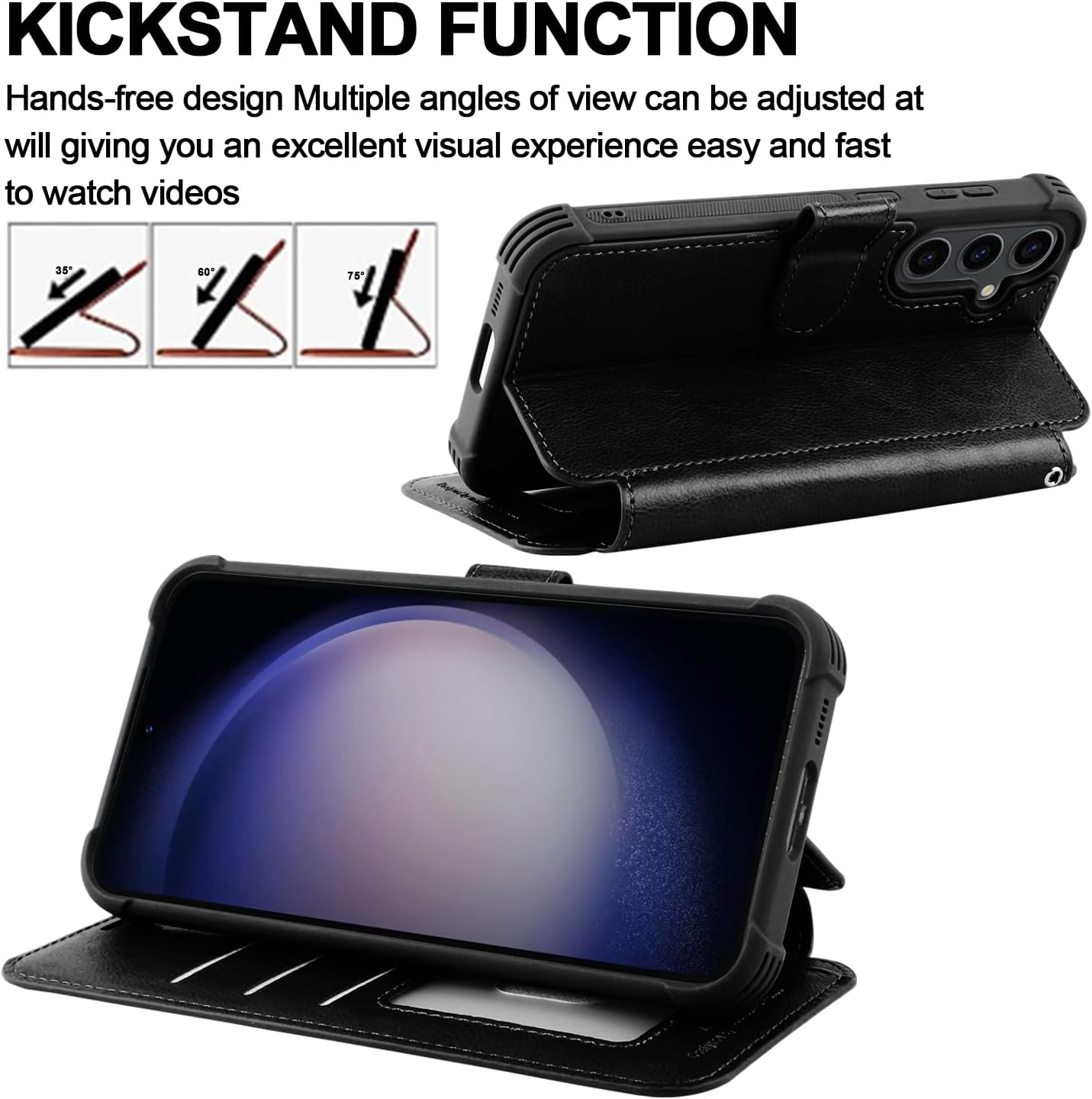VANAVAGY Wallet Case Compatible for Galaxy S23 FE for Women Men, PU Leather Flip Phone Cover with Wrist Supports Wireless Charging with RFID Blocking Card Holder Screen Protector，Black