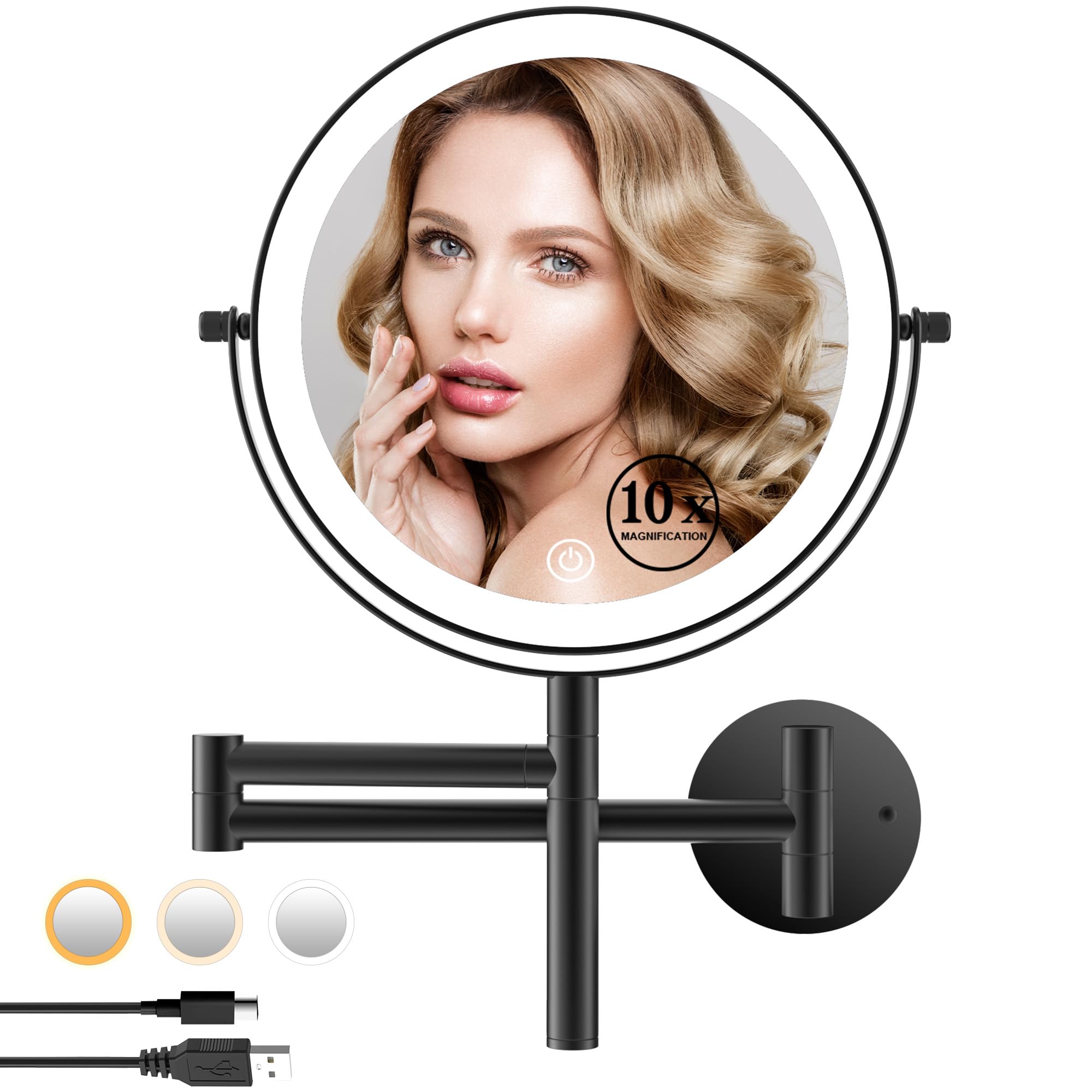8" Wall Mounted Makeup Mirror with Handle, 3 Color Lights Dimmable and 1X/10X Magnification, Rechargeable Bathroom Wall Mount Magnifying Mirror with Extension Arm Height Adjustable Black