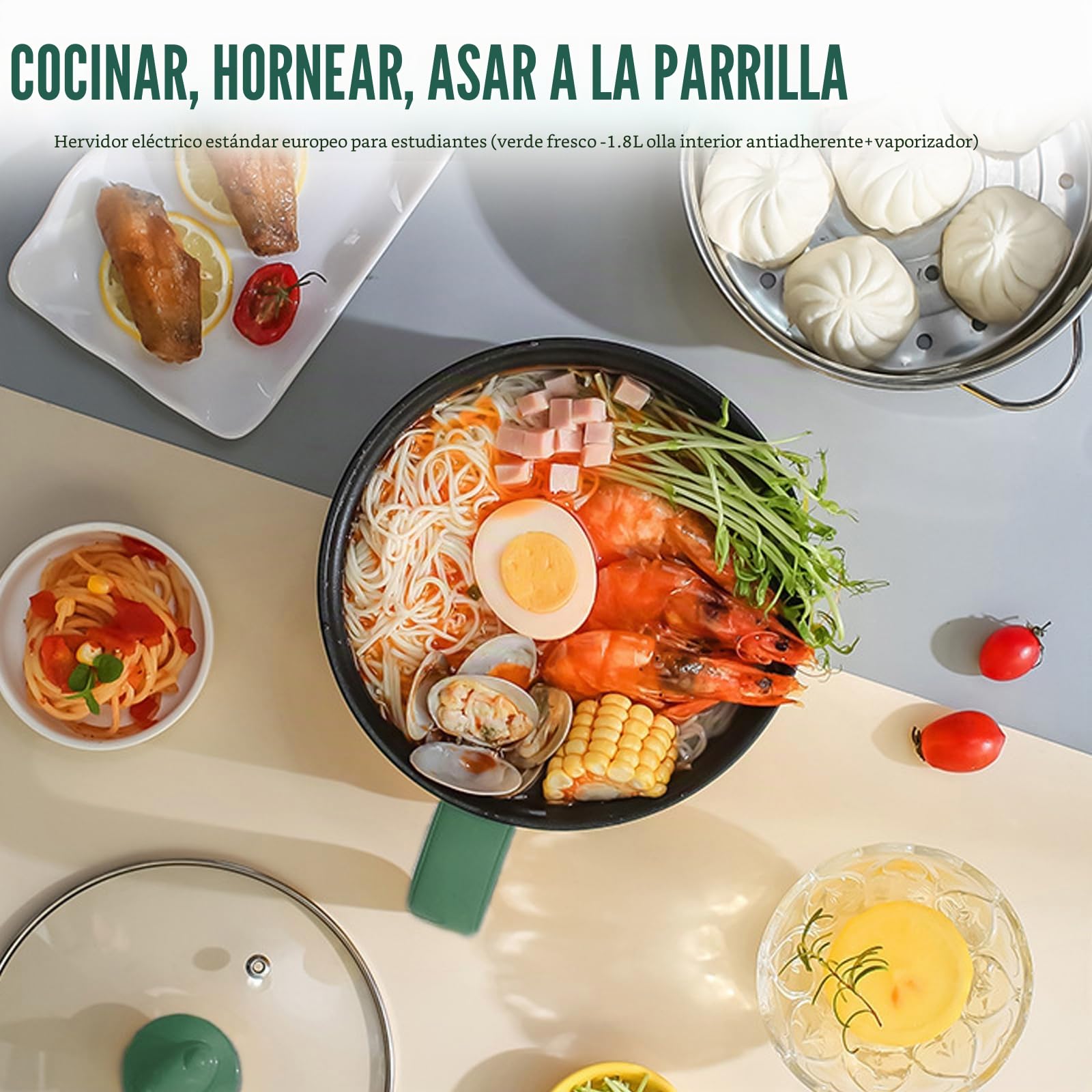 Olla Eléctrica, 1.8 L Olla Caliente Eléctrica Y Vaporizador, Cocina Eléctrica De Pasta, Mini Olla Antiadherente Multicocina Para Filetes, Fideos, Sopa, Huevo, Avena, Ramen, Pasta
