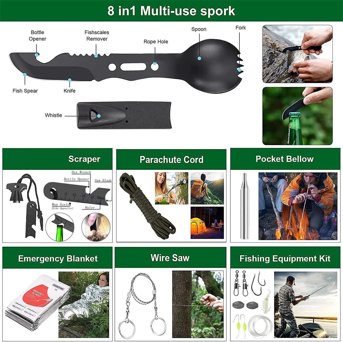 scosao Kit Sopravvivenza Pronto Soccorso, 17 in 1 Kit Sopravvivenza Militare Professionale Multifunzione Campeggio Accessori di Emergenza, per Il Campeggio, Pesca, Caccia, Outdoor Avventura, Viaggi