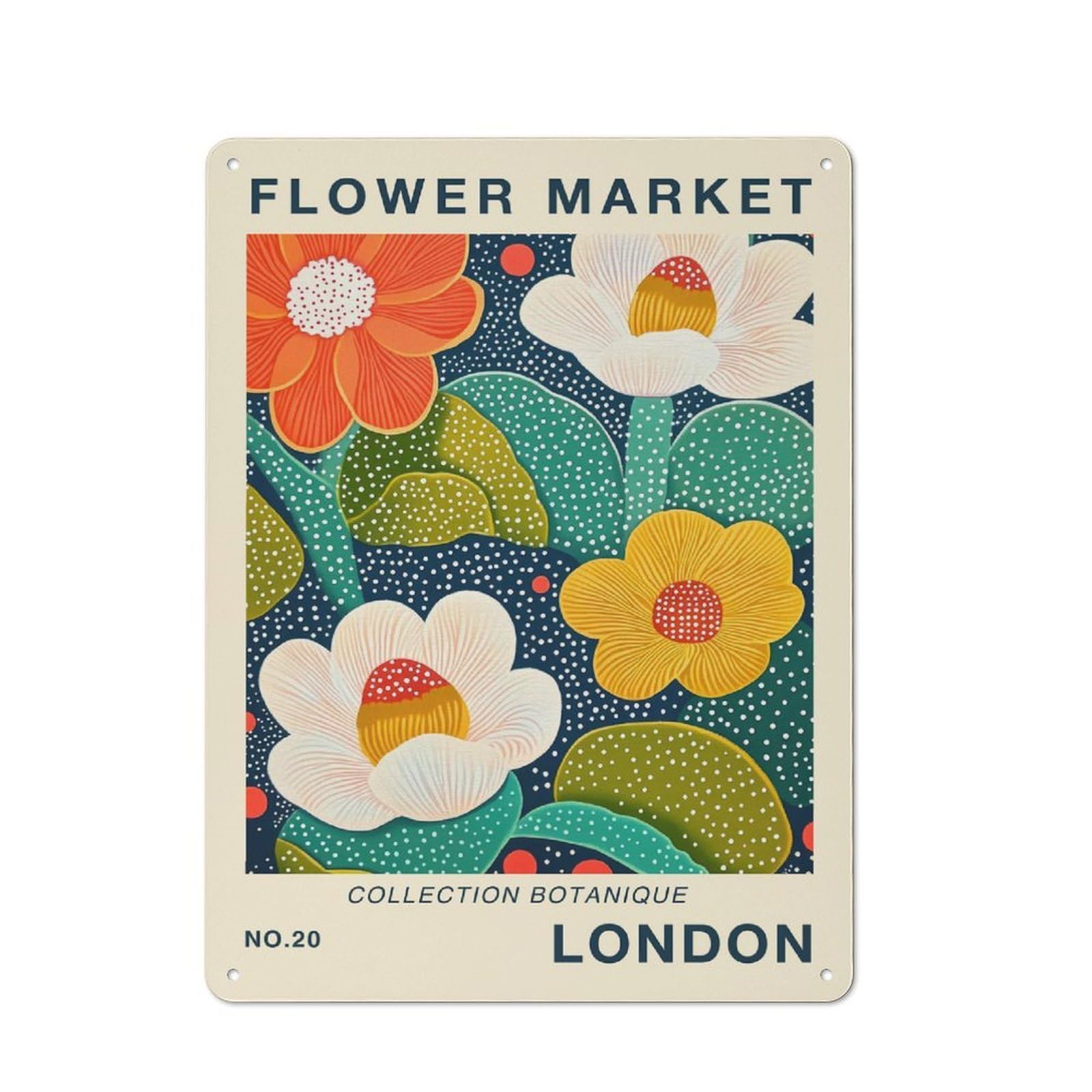 Junmoney Style-12 Retro Metal Plaque 40X30cm Featuring London Flower Market Poster For Workshop Wall, For Metal Sign Collectors, For Garage And Workshop Walls