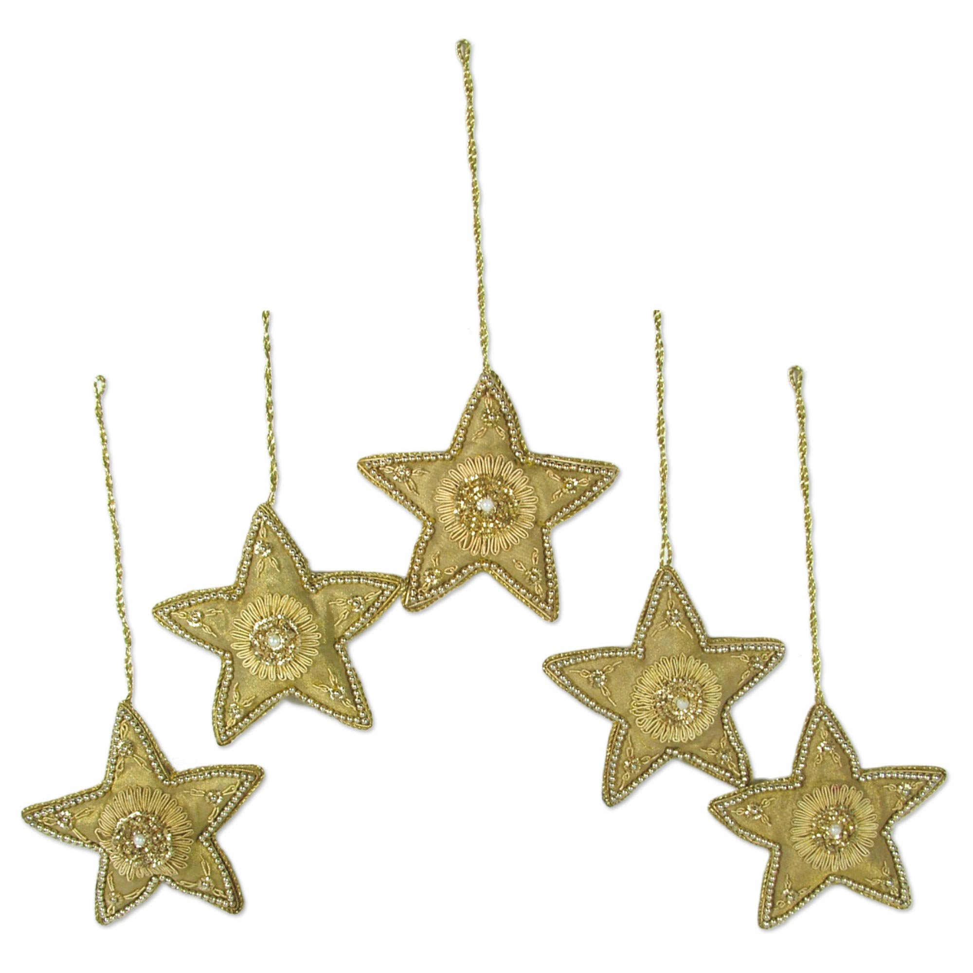 NOVICAHand Beaded Christmas Holiday Ornaments, 'Dazzling Golden Stars' (Set of 5), Handmade in India