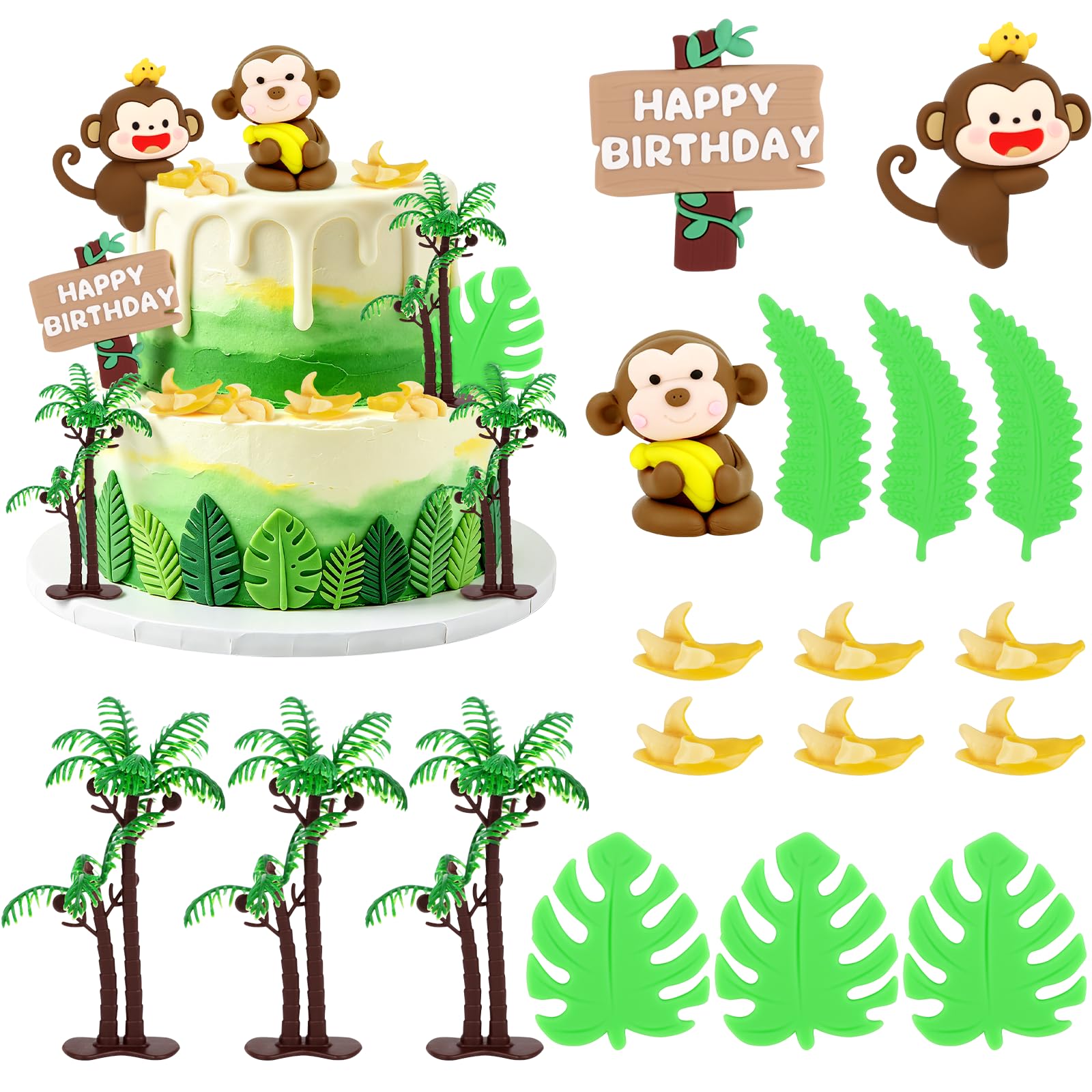 Hooqict 18Pcs Monkey Cake Decorations Set with Mini Banana Coconut Trees Happy Birthday Cake Toppers for Jungle Safari Animal Baby Shower Monkey Themed Birthday Party Decorations Supplies