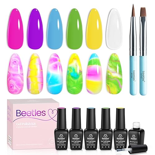 Beetles - Esmalte de uñas de gel de Navidad con gel floreciente, 5 colores, rosa neón, verde, azul, morado, amarillo, esmalte de uñas transparente