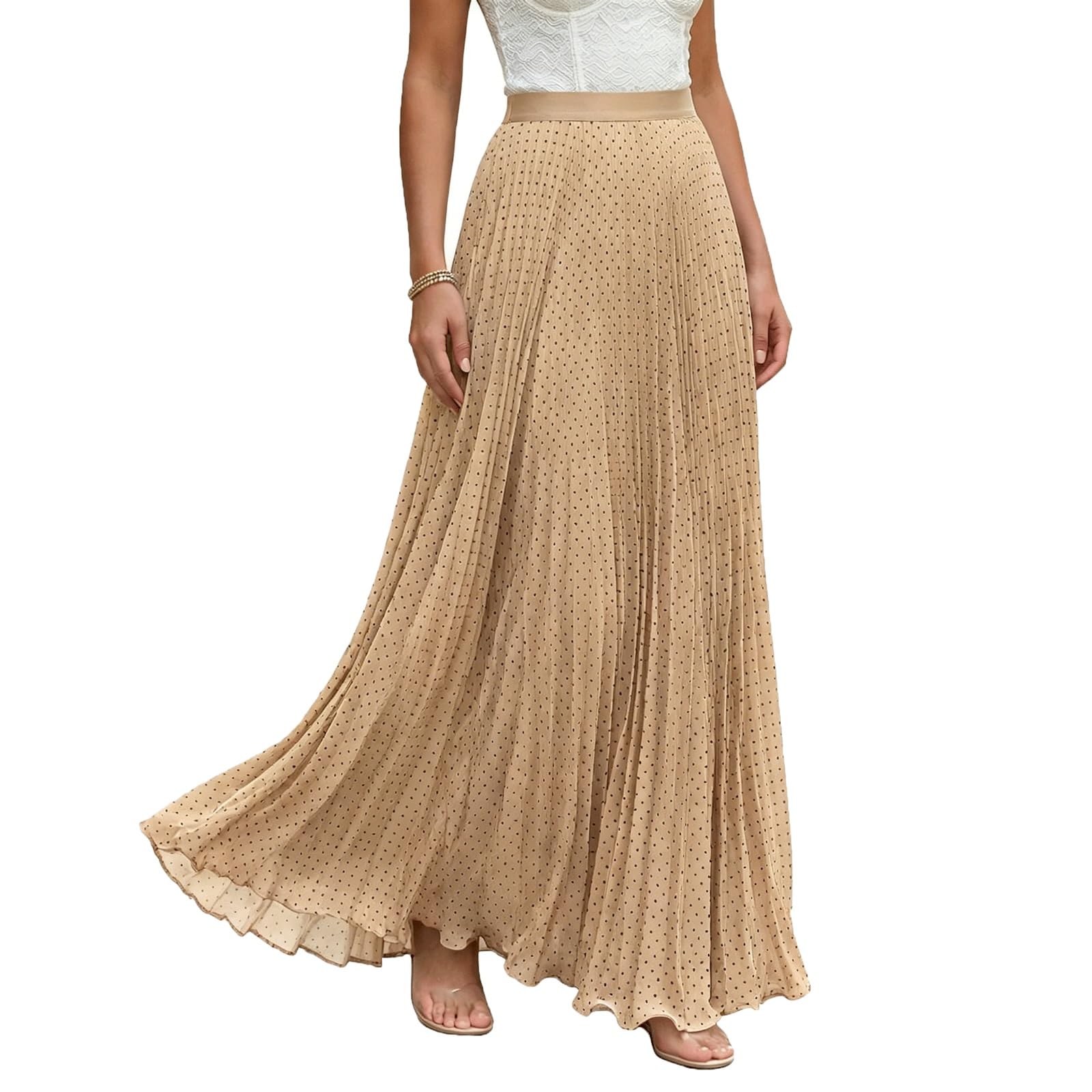 Midi Long Skirt Pleated Women's Maxi Skirts Polka Dot Printed(Khaki,Lagre)