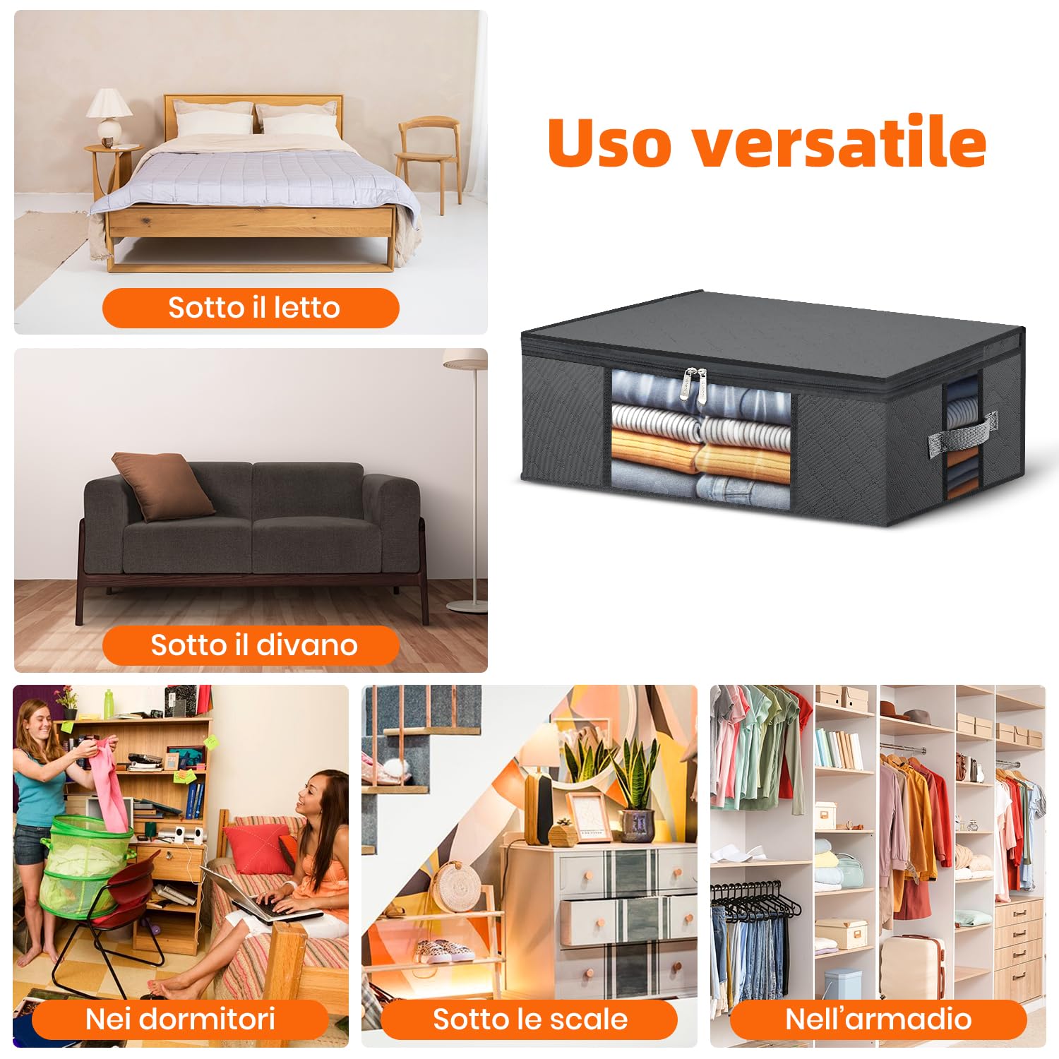 3 Pezzi Contenitori Sottoletto 40L per Vestiti, Borse Salvaspazio Pieghevoli in Tessuto non Tessuto 120g con Doppia Finestra Trasparente Frontale e Laterale, Maniglie Rinforzate, Grigio