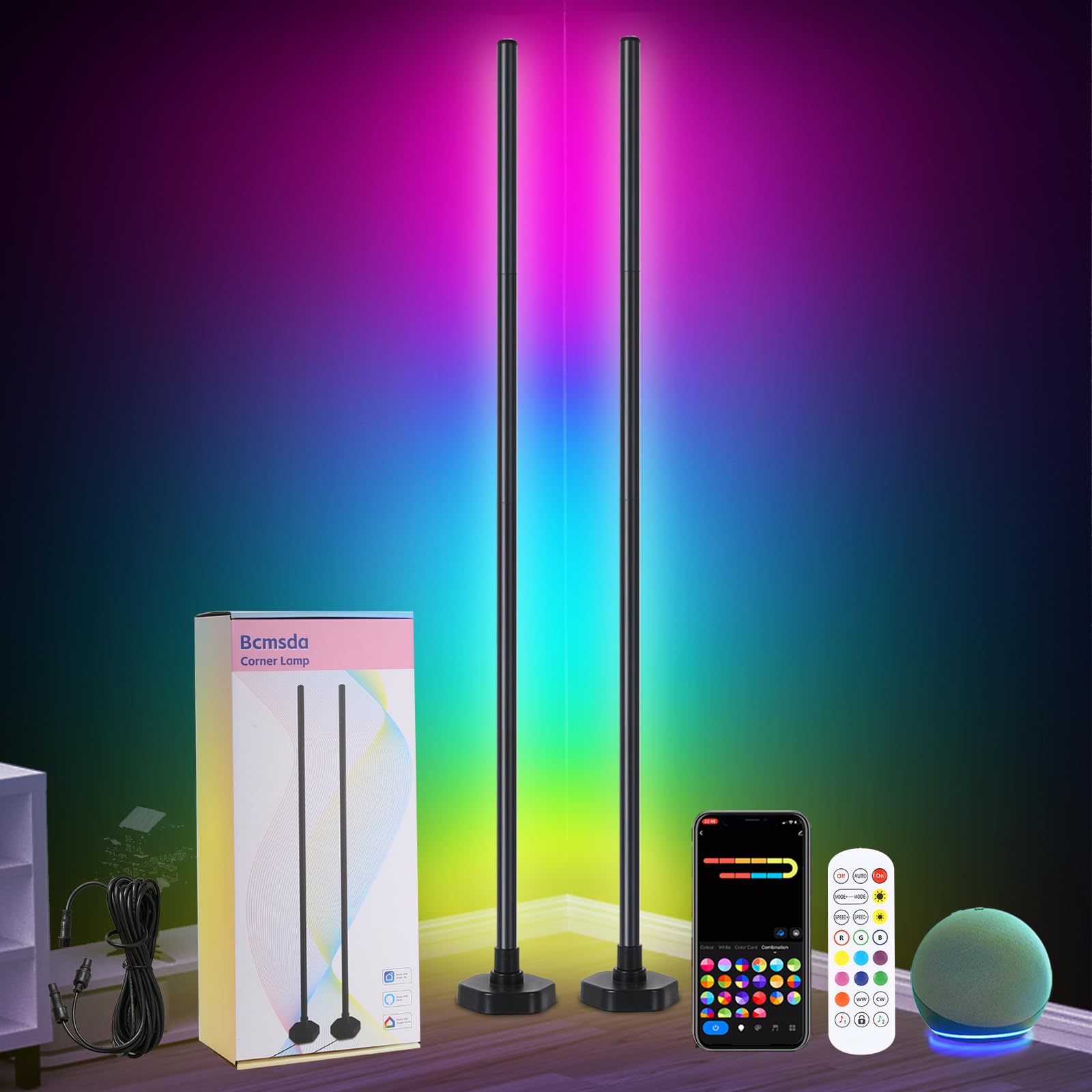 Juego de 2 lámparas de pie de esquina, lámpara de esquina LED RGB con sincronización de música, aplicación inteligente y control remoto, luz ambiental que cambia de color, 16 millones de