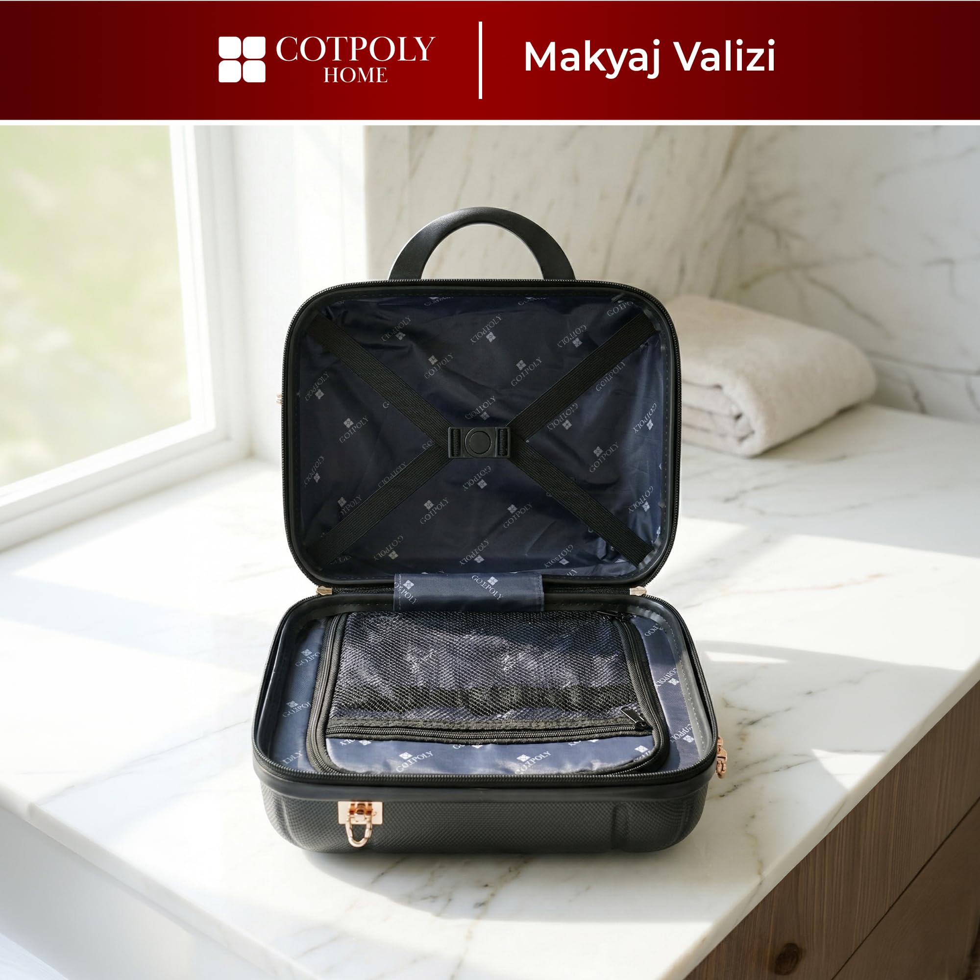 COTPOLY Polipropilen Kadın Makyaj Çantası, Askılı Kozmetik Organizer El Valizi, Sert Gövdeli Seyahat Beauty Case, Geniş Hacimli Makyaj Çantası (Siyah)