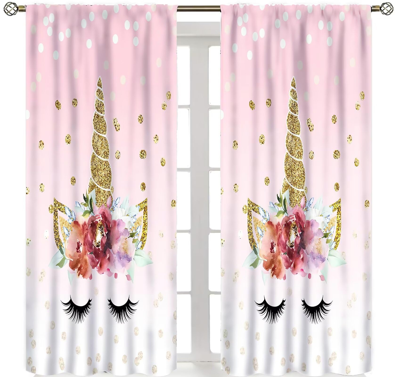 Unicorn Curtains Kids Girls Room Decro Pink Gold Stars Window Curtain Panels Decor for Bedroom Rod Pocket 2 Panels Purple 42X45 Inch Decor
