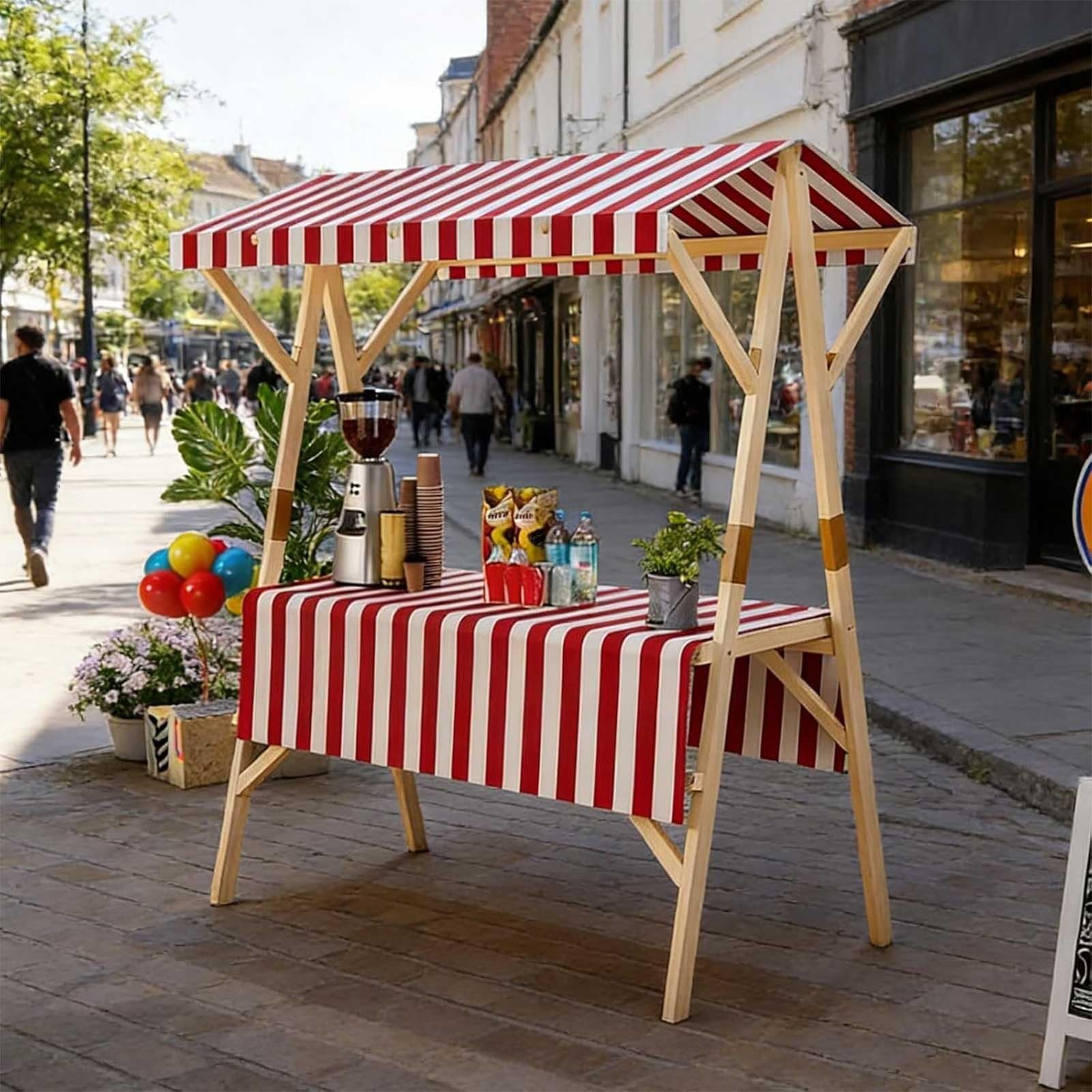 Carrello Pieghevole Con Baldacchino, Bancarella Mobile In Legno Con Ripiano Espositivo, Banco Vendita Per Street Food, Mercati, Fiere, Festival, Eventi, Snack E Artigianato(Red1,59.1in/150cm)