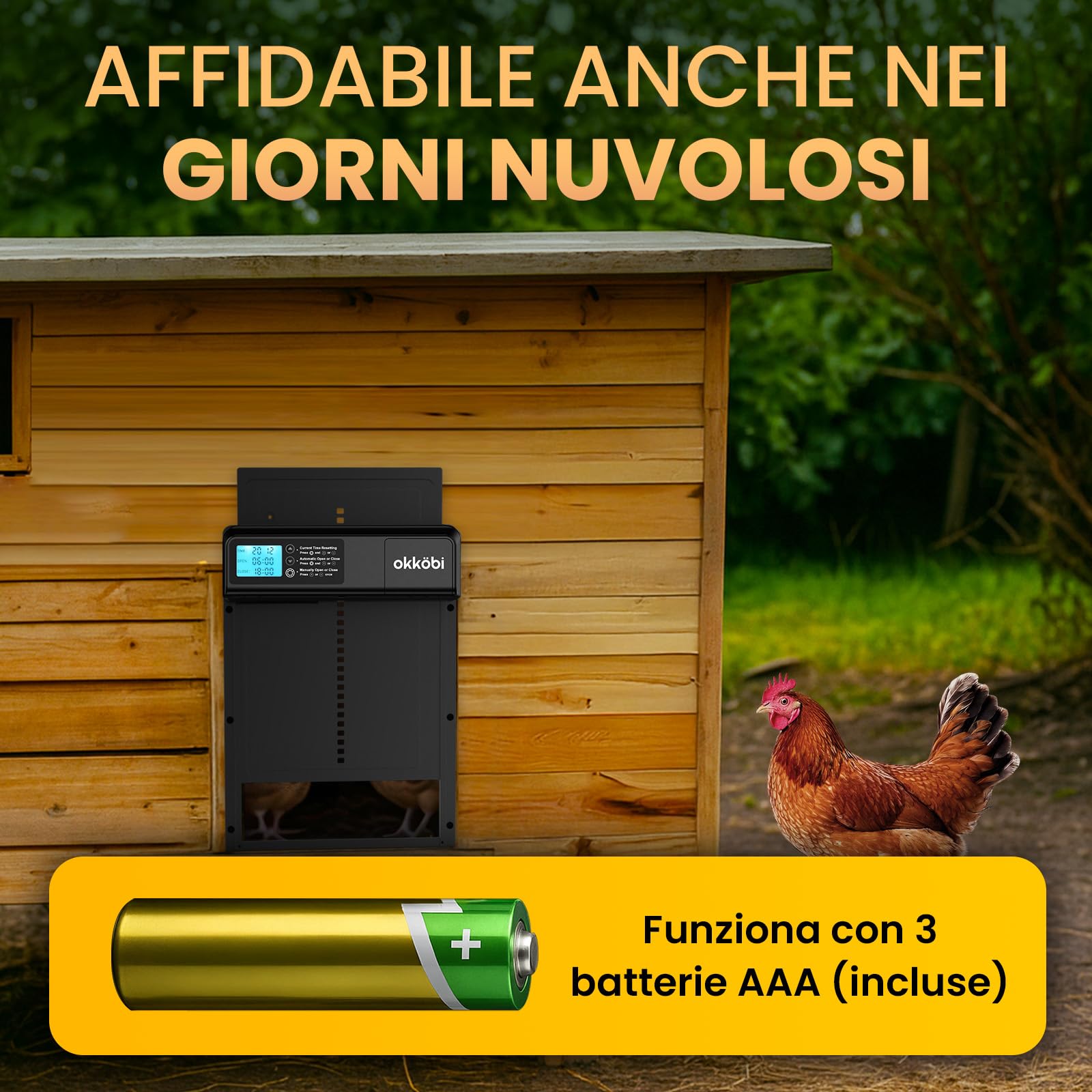 Chicken Coop Door Lite Porta Automatica per Pollaio, Schermo LCD | Batterie 3x Aa Incluse, Modalità Timer e Manuale, Sistema Anti-schicciamento, Apertura 28 X 24 CM, Due di Funzionamento