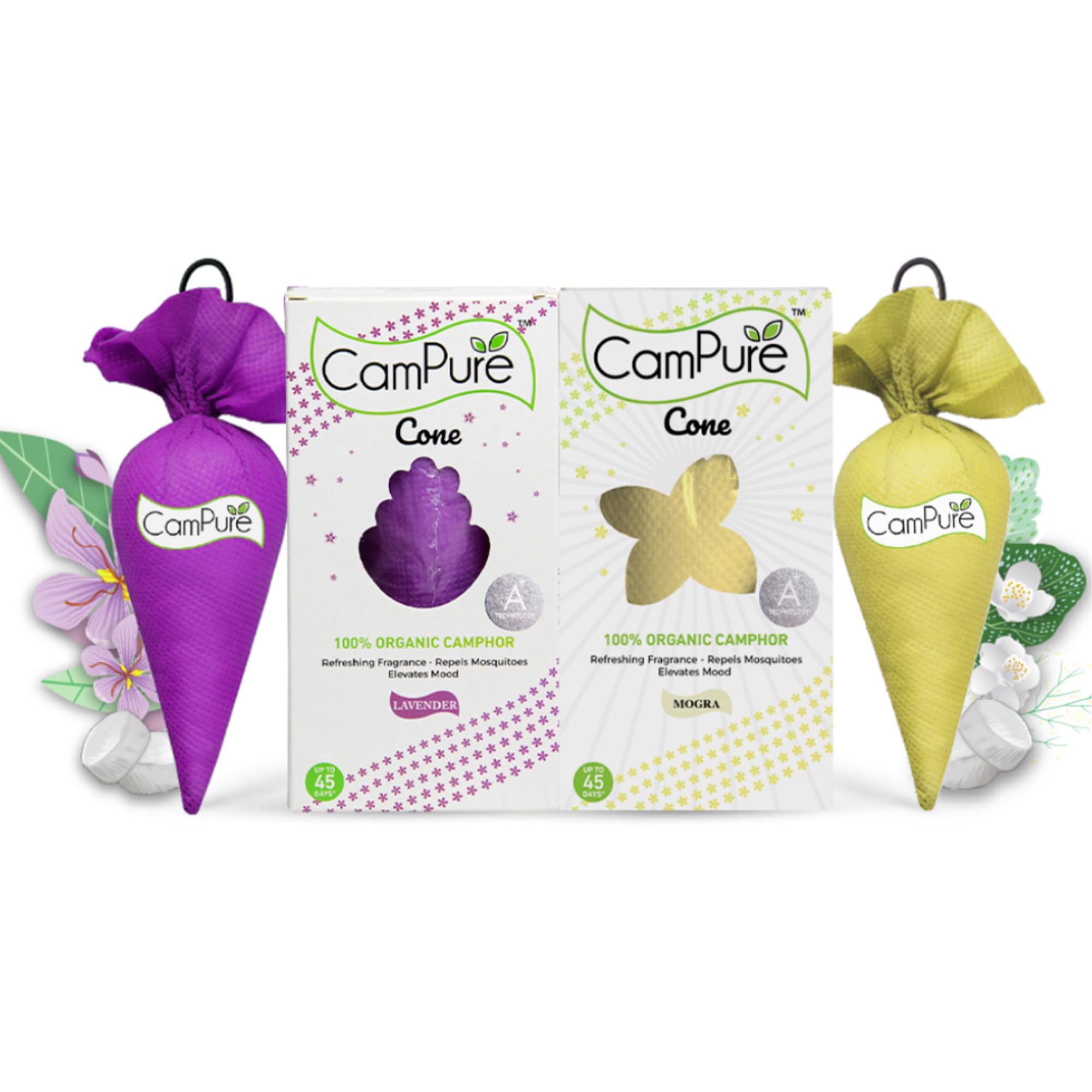 CamPure Camphor Granule Cone (Lavender + Mogra) Pack Of 2 - Room, Car And Air Freshener & Mosquito Repellent