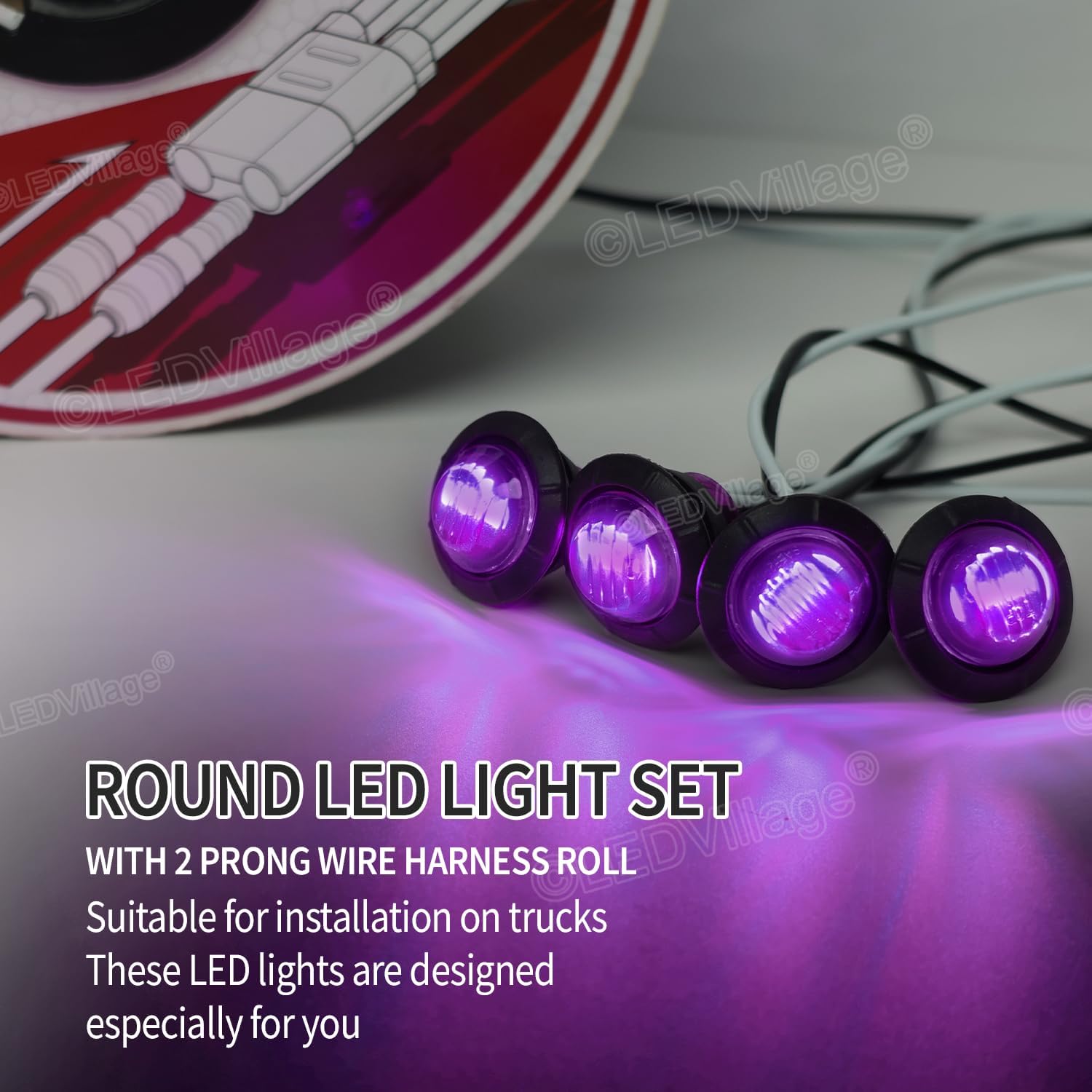 100 Pcs 3/4 Inch Side Marker Purple Light with Connector and 2 Prong Harness Roll Female Plugs (100 Counts) Indicator Light, Clearance Light for Truck Trailer Pickup