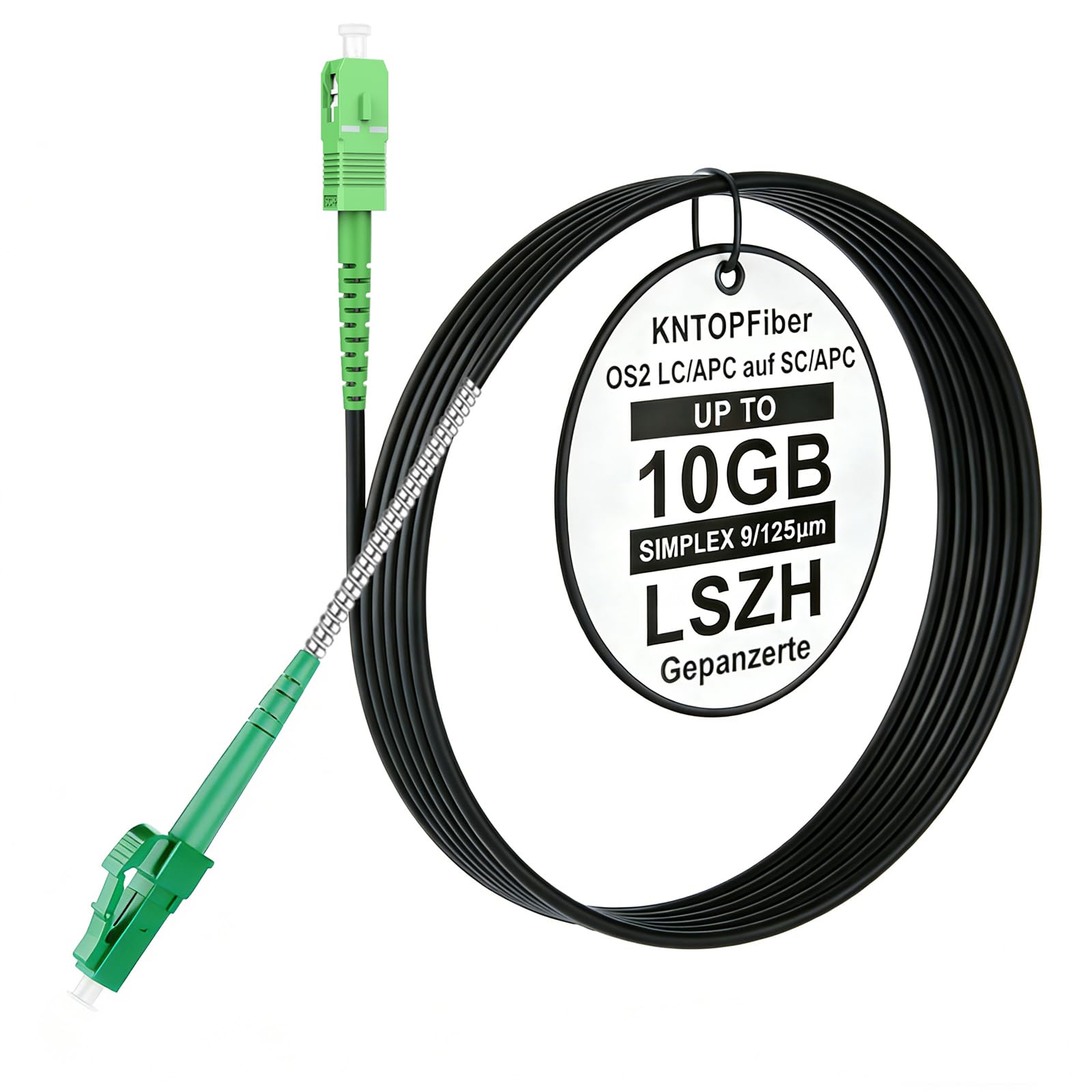 KNTOPFiber 20m Gepanzerte Glasfaserkabel LC/APC zu SC/APC, OS2 LWL Patchkabel Simplex Singlemode, FTTH für den Innen- und Außenbereich, SMF, 1G/10GB, 9/125μm, LSZH, OD-3,0mm, Schwarz