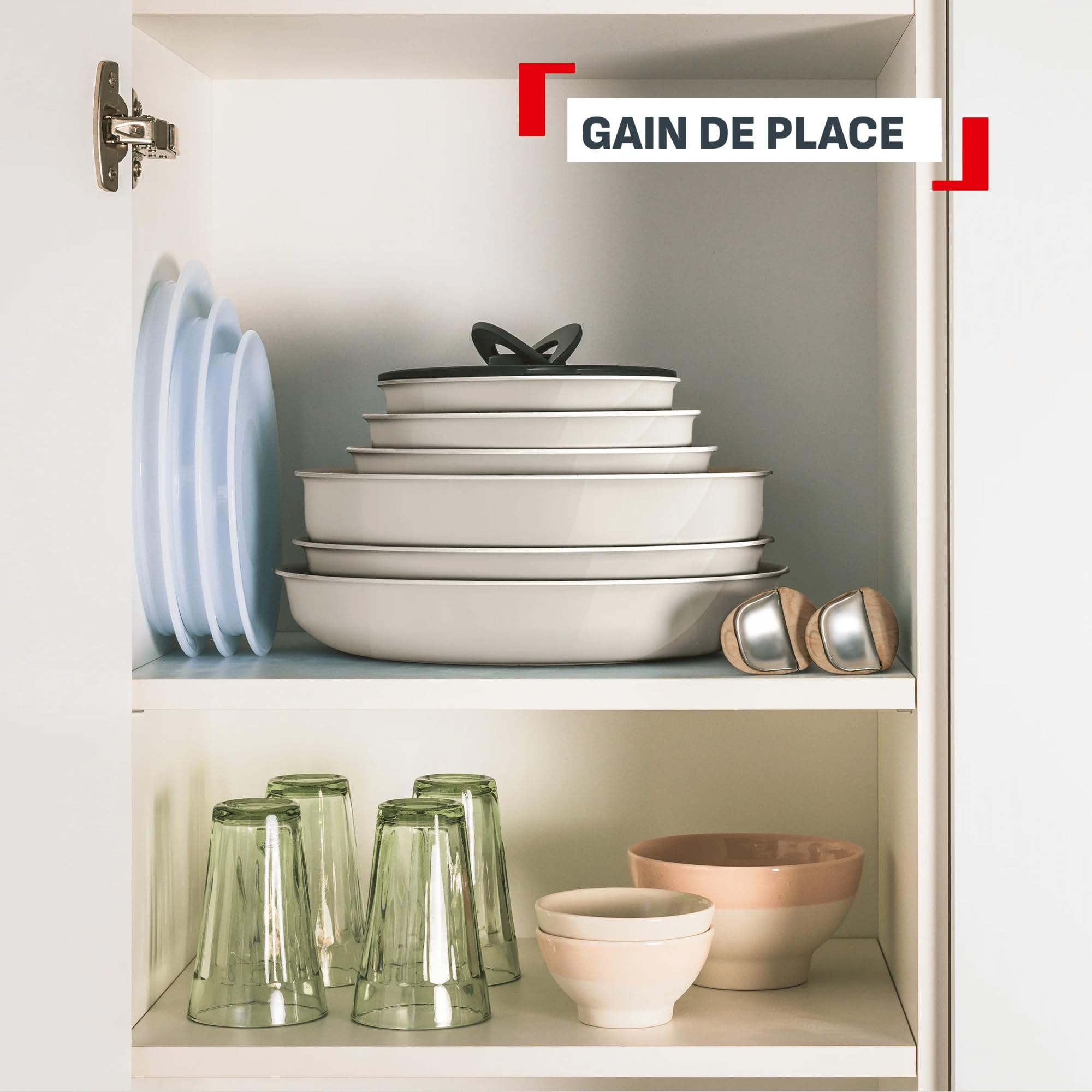 Tefal (Re) flect, Batterie de cuisine 3 pièces, Poêles et casseroles empilables, Poignée amovible, Céramique antiadhésive, L3699202