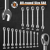 Vista 2 de Egofine Juego de llaves de trinquete SAE de 15 piezas, acero al cromo vanadio SAE de 1/4 a 1 pulgada, herramienta combinada de extremo abierto de 12