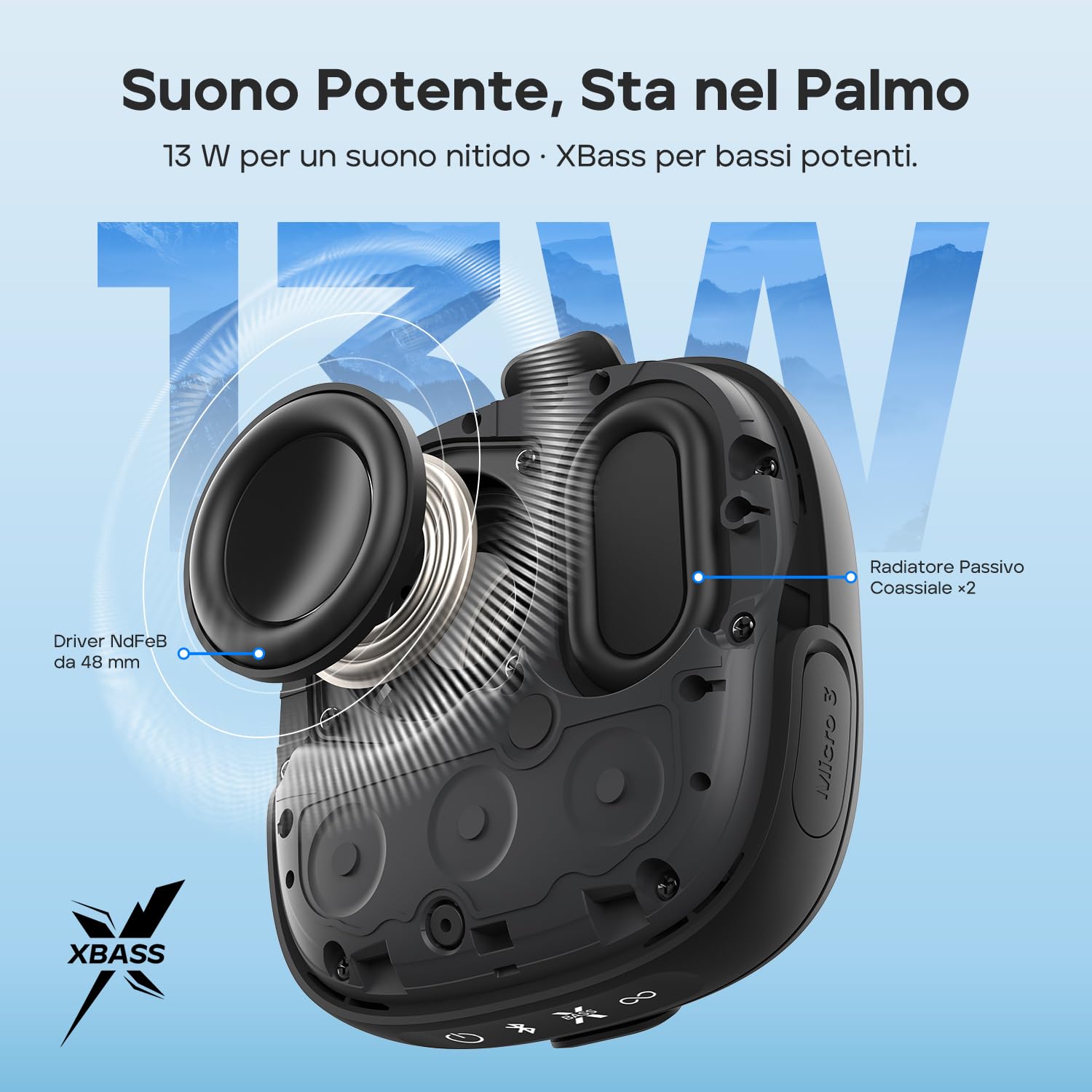 Tribit StormBox Micro 3 Cassa Bluetooth Portatile con Suono XBass da 13W, Bluetooth 6.0, 24 Ore di Autonomia, Impermeabile IP68, Cinghia e Attacco Magnetico per Bici, Golf e Attività Outdoor, Nero