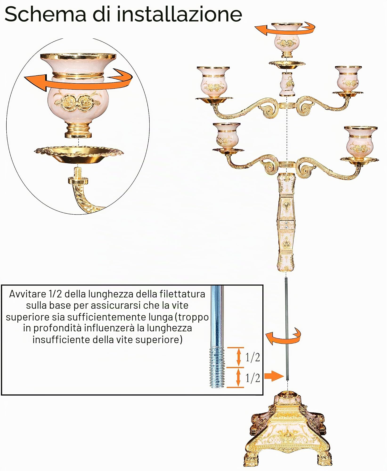 Dongjiang Portacandela con 5 Braccia Candelabra European Stile portacandele in Metallo per la Decorazione di Natale Matrimonio casa (Bronzo d'oro) (Golden)