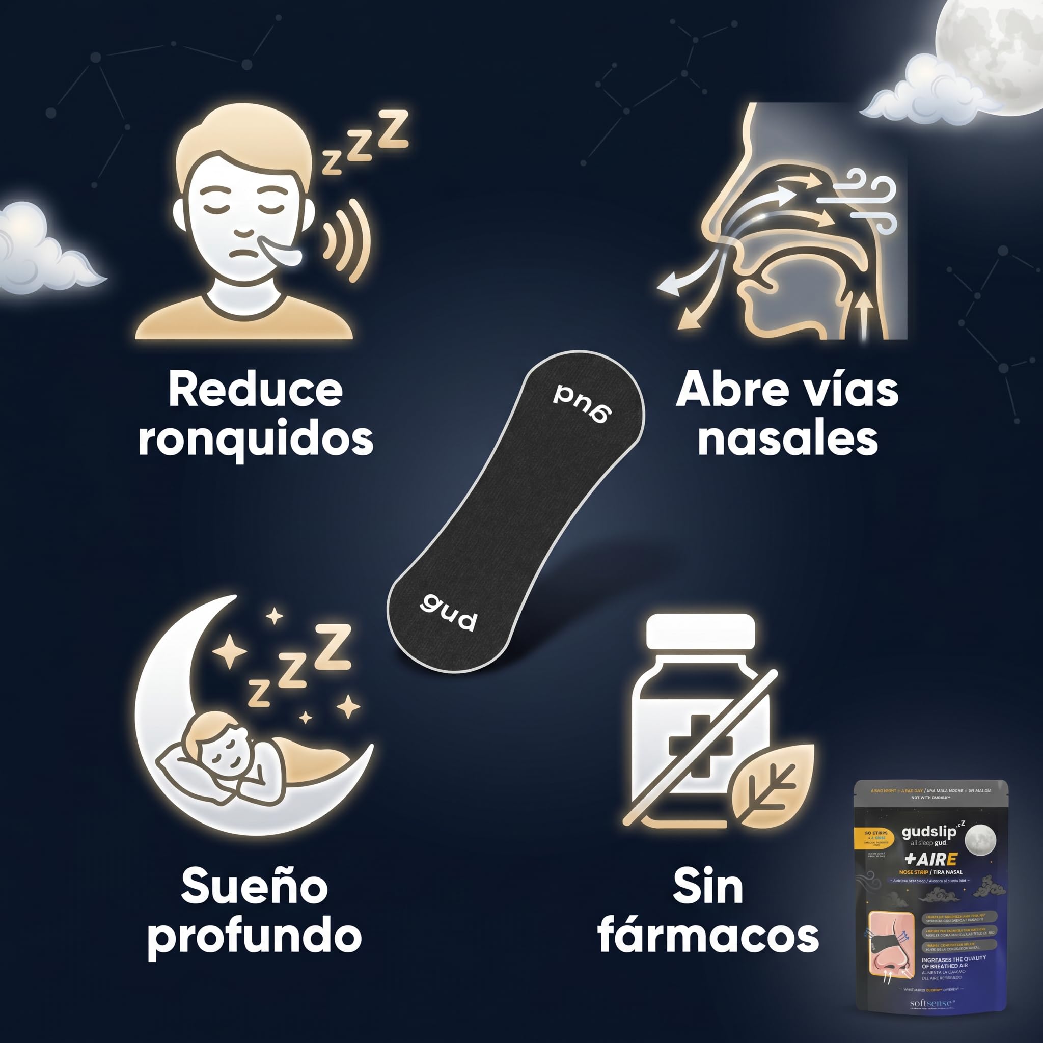 GudSlip® Tiras Nasales para Dormir Antirronquidos (30+6) - Respira Mejor, Reduce Ronquidos y Mejora tu Sueño - Ultra Cómodas, Hipoalergénicas y de Alta Adherencia