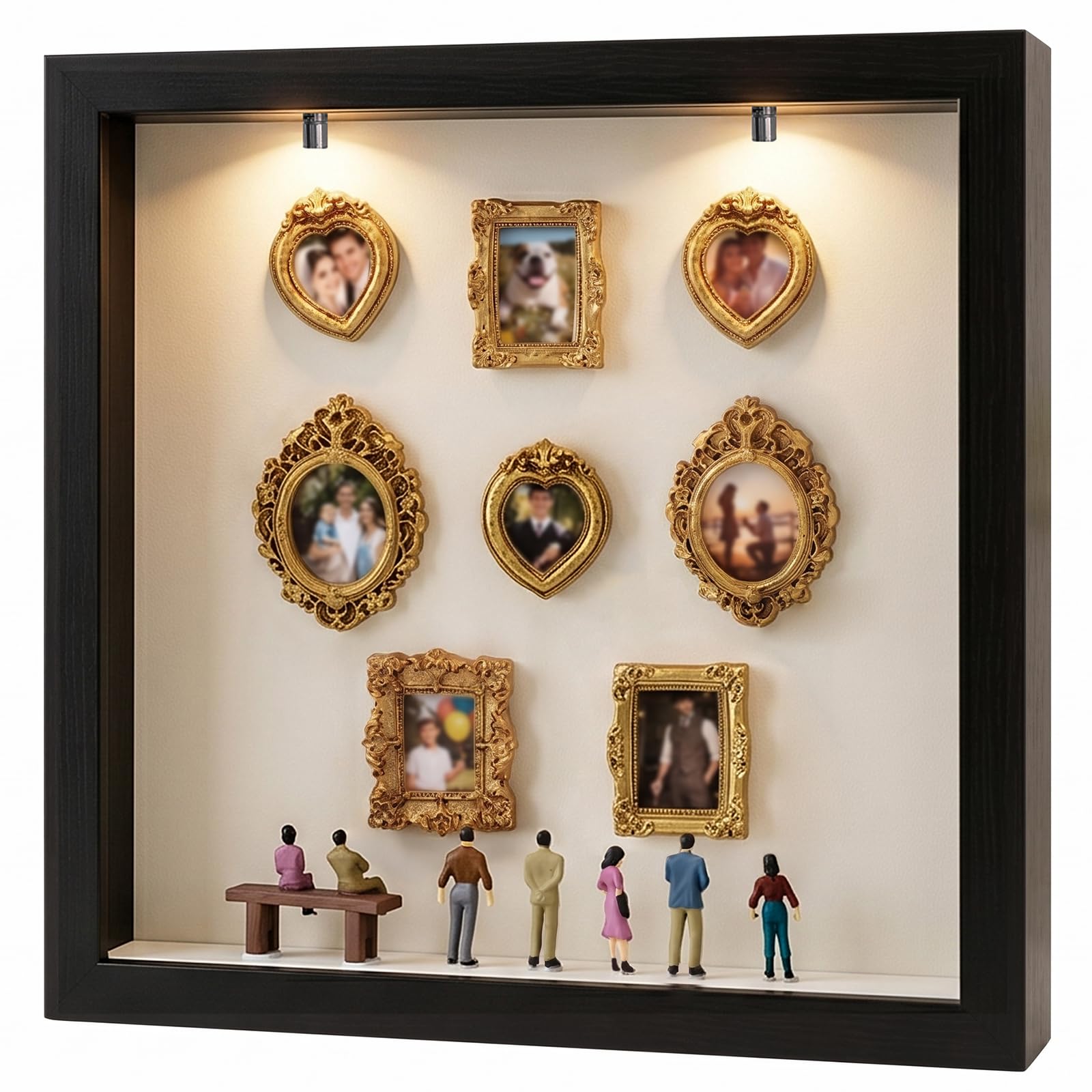 Mini Musée Fotos LED cadre rétro doré avec figurines pour cadeau