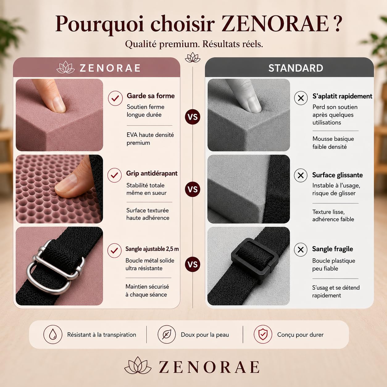 Kit Yoga ZENORAE – 2 Blocs EVA Haute Densité + Sangle Coton 2,5m – Briques Antidérapantes pour Yoga, Pilates, Stretching, Étirements & Fitness