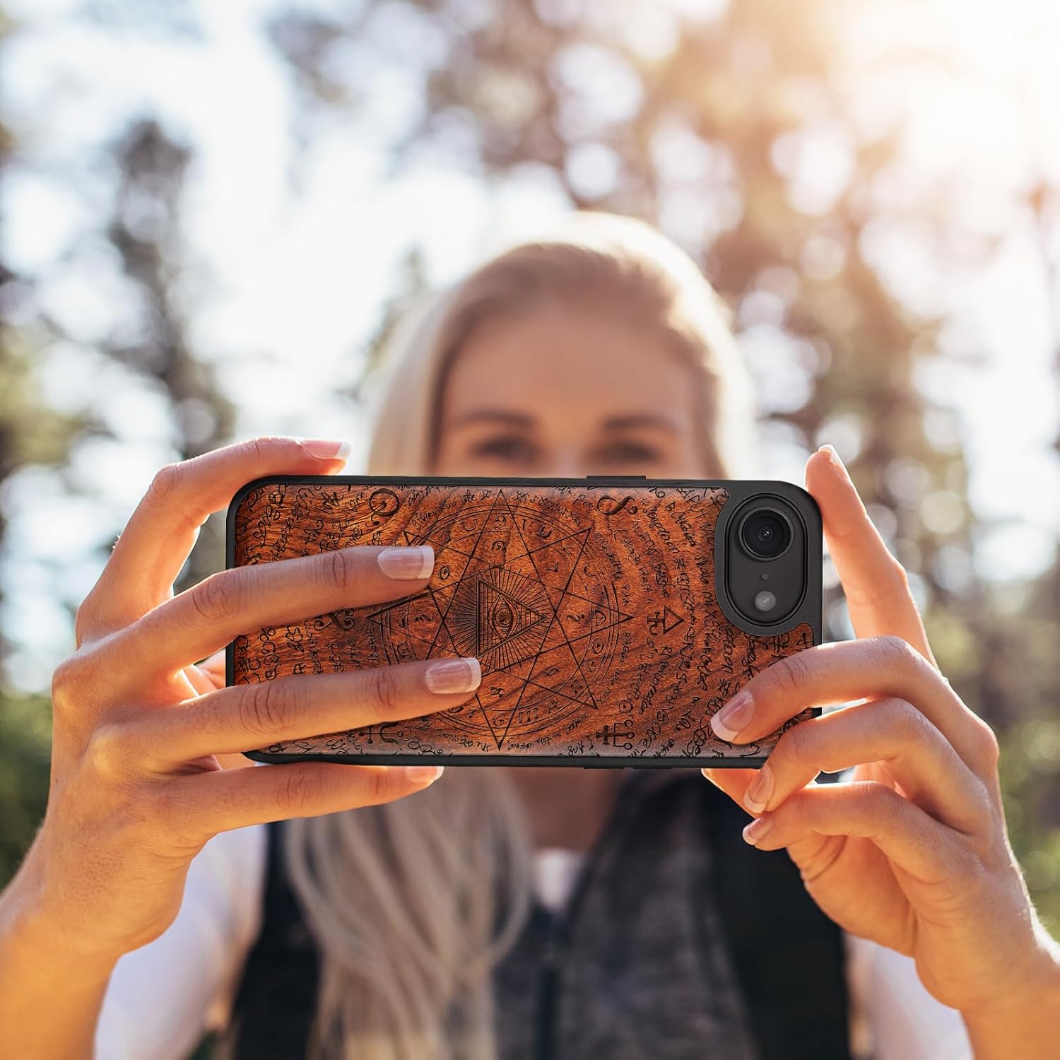 Carveit Magnetic Wooden Case for iPhone 16e / 17e, Solid Wood & Black TPU, Artisan Engraved Design, Shockproof Cover, Compatible with MagSafe Wireless Chargers, All-Seeing Eye - Rosy