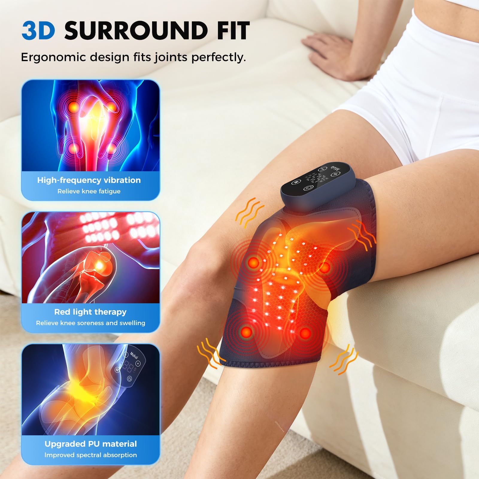 Red Light Therapy & Vibration Massage Knee Brace: Wireless Rechargeable, with 660nm&850nm Light & Heating Function – Relief for Knee, Joint, Elbow & Shoulder Pain, Promotes Faster Recovery