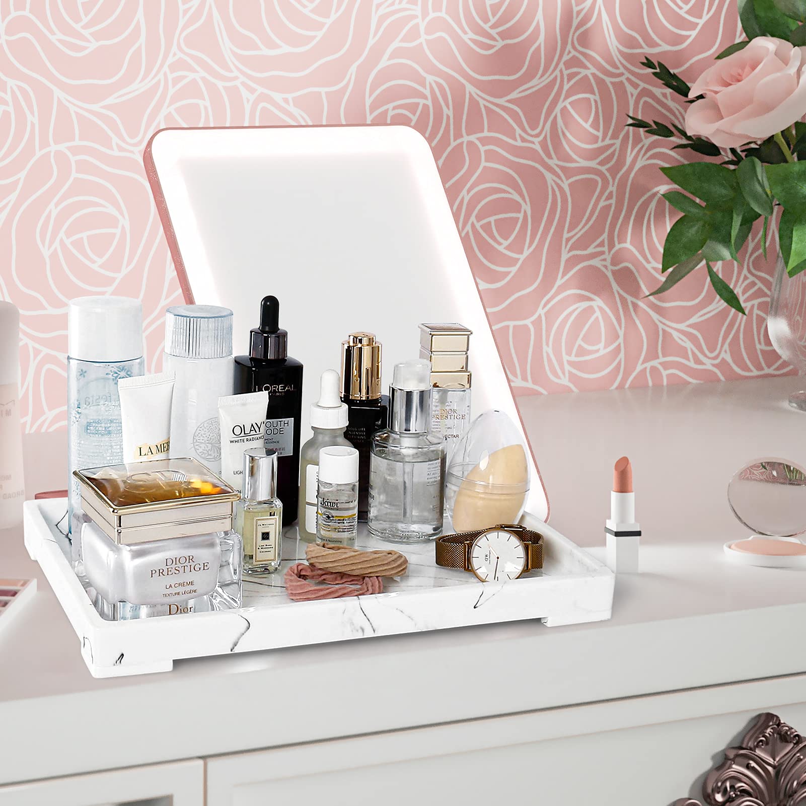 Haturi Bathroom Vanity Tray, Marble Look Jewelry Organizer Resin Tray