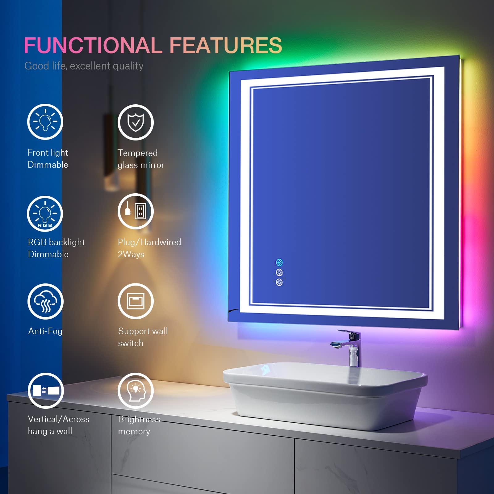 ISTRIPMF 36x36 inch Lighted Bathroom Mirror for Wall,Front Lighted and RGB Backlit LED Bathroom Mirror with Lights,Tempered Glass/Dimmable/Anti-Fog/Square Mirror