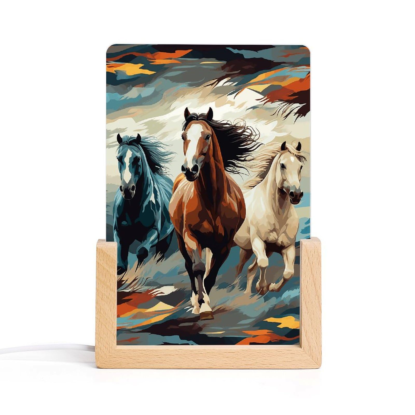 JTREHY Acrylic Night Light,A Pattern with Horses As A Background Printed Wooden Base LED Night Light Modern Home Decoration Light with USB Switch Cable for Bar Cafe Bedroom Room Decoration