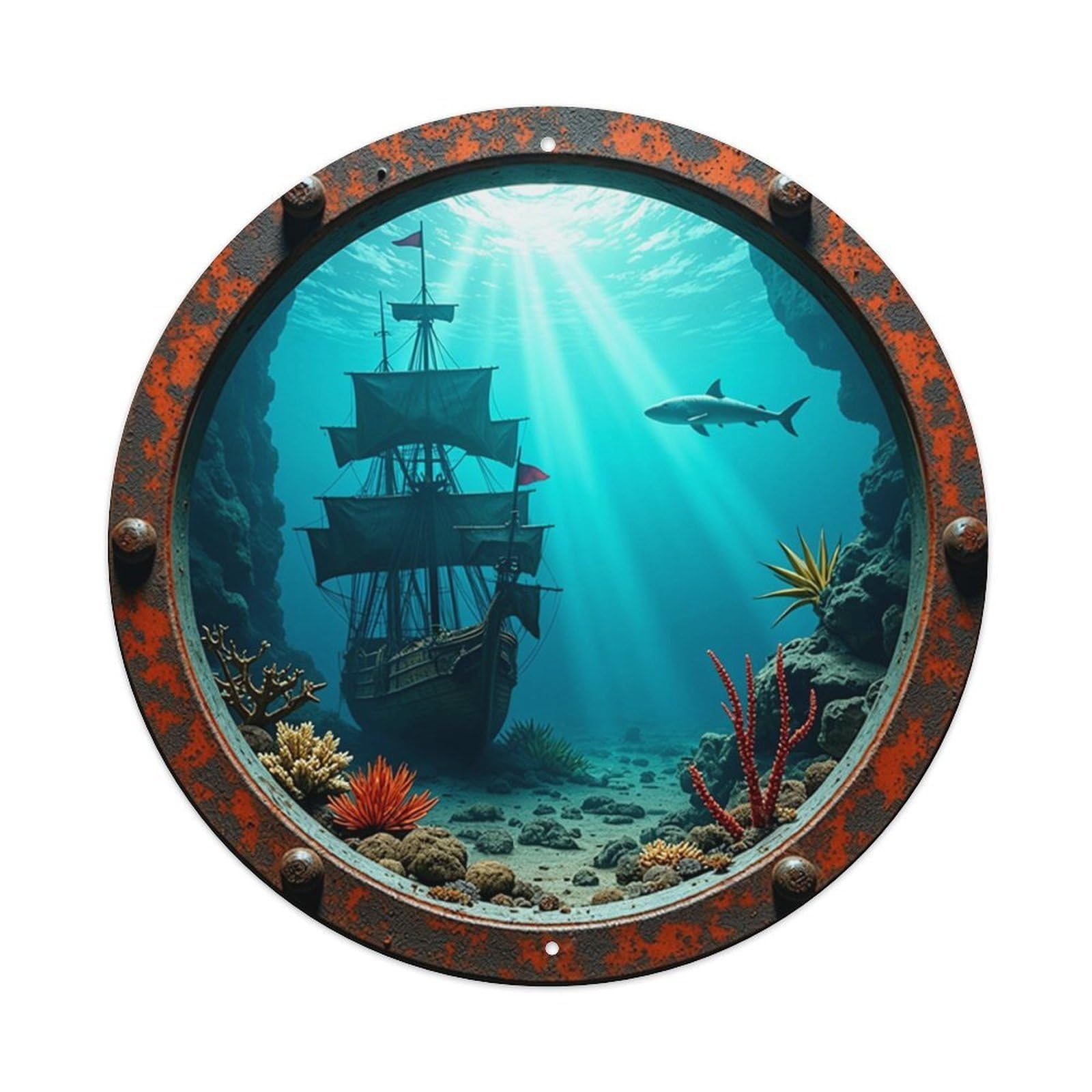 Underwater Ship Coral Reef Shark Vintage Round Tin Sign Retro Metal Wall Decor Metal Poster, Home Bar Garage Cafe Wall Art Decoration 8x8Inches