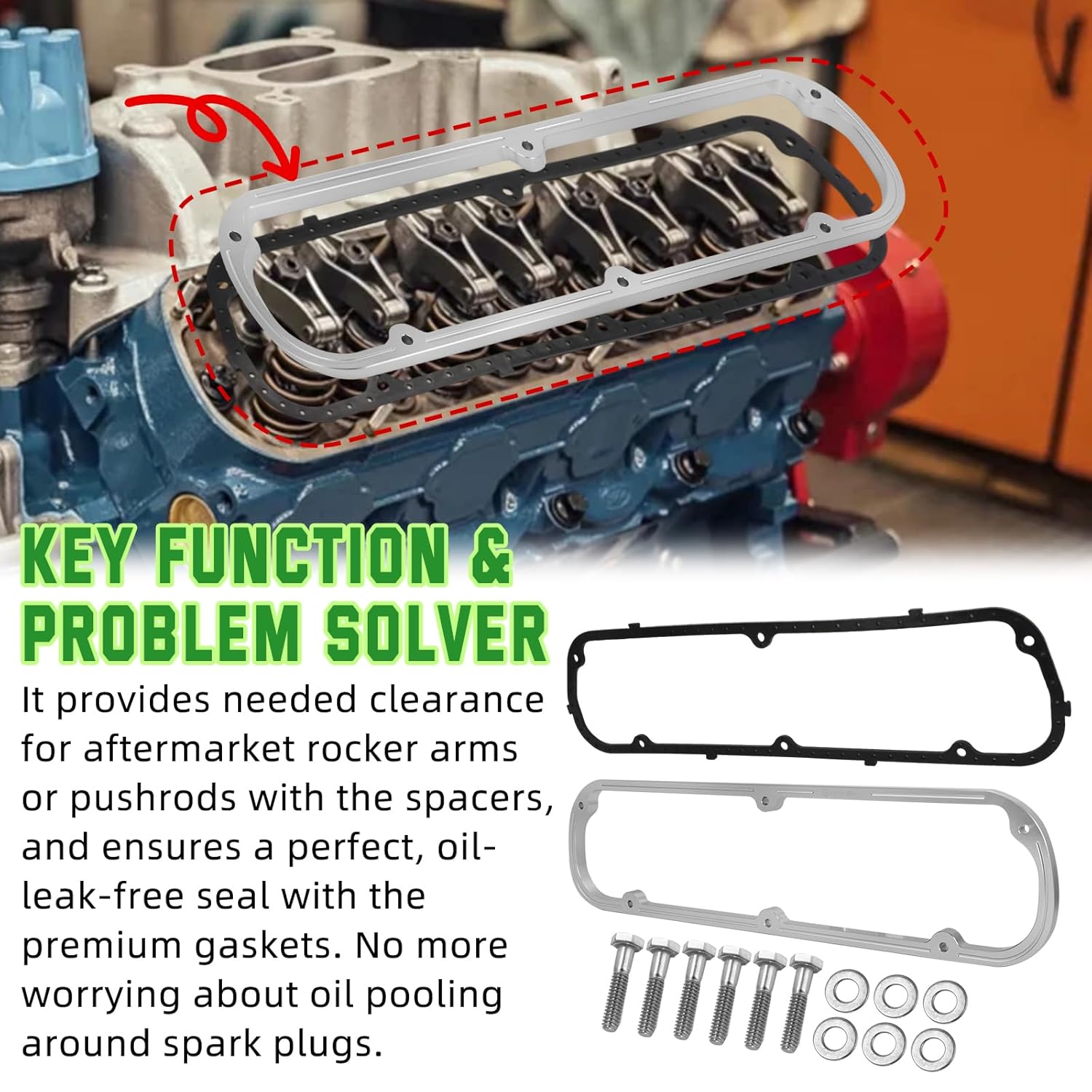 for Ford Valve Cover Spacers and Gasket Kit with Bolts- 1/2 inch Aluminum Spacers with Steel Core Gaskets for Small Block 289 302 351W SBF V8 Engine Replacement