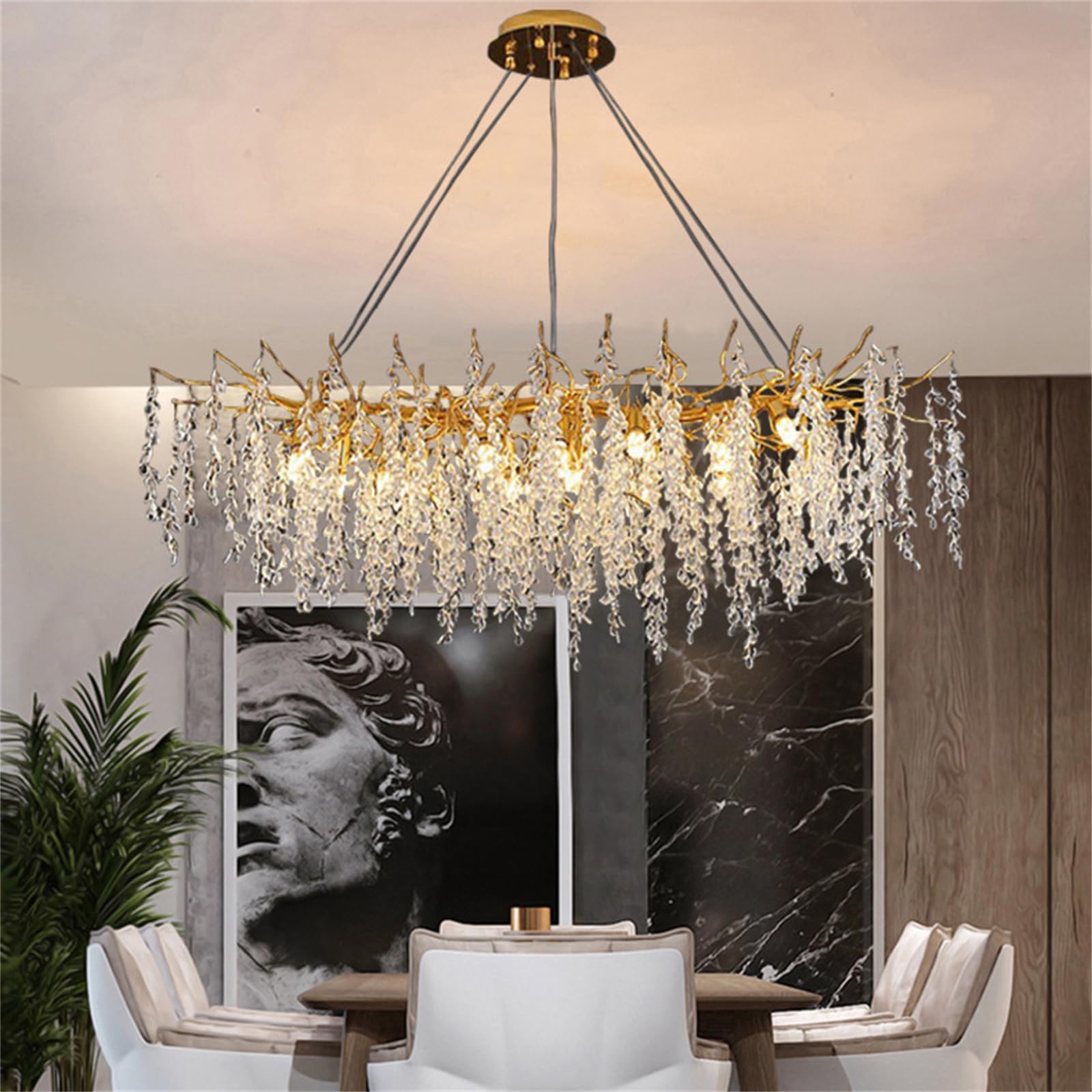 SXECAEPS Modern creative chandelier Modern Crystal, Gold Tree Branch Lighting Frosted Raindrop Large Kitchen Island Hanging Light Fixture for High Ceiling, Dining Room, Foyer,Living