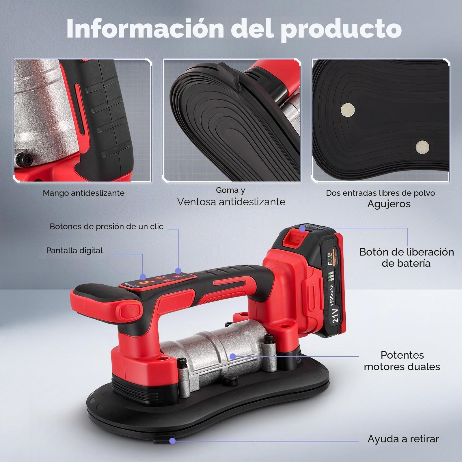Vibrador inalámbrico para azulejos y ventosas 2 en 1, con ventosa de 28 x 15 cm Ajuste de nueve velocidades Capacidad de carga de 200 kg Soporte fiable para todo tipo de trabajos de alicatado