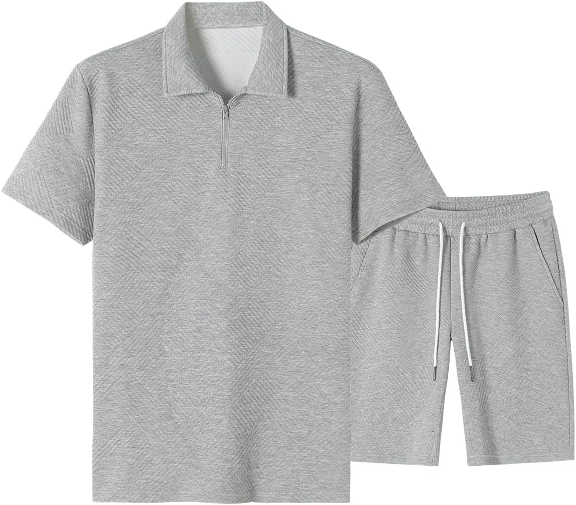 JMIERR Men's Tracksuits 2 Piece Outfits Casual Sweatsuit Textured 1/4 Zip Short Sleeve Golf Polo Shirt and Short Sets