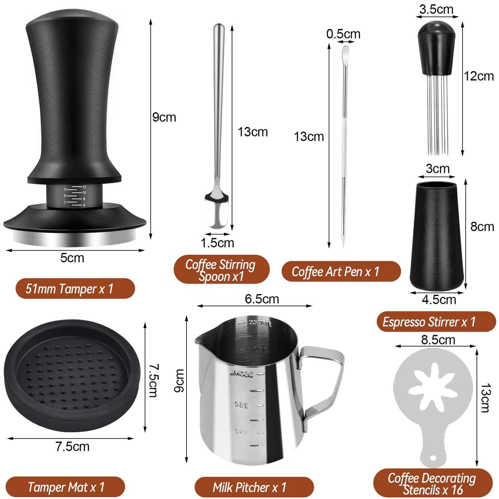 Set di 22 Tamper caffè Espresso, Accessori per Barista, distributore di caffè con 51 mm, per Espresso e Espresso, Frusta per caffè, Cucchiaio, brocca per schiumare, Penna e Stencil Decorativi