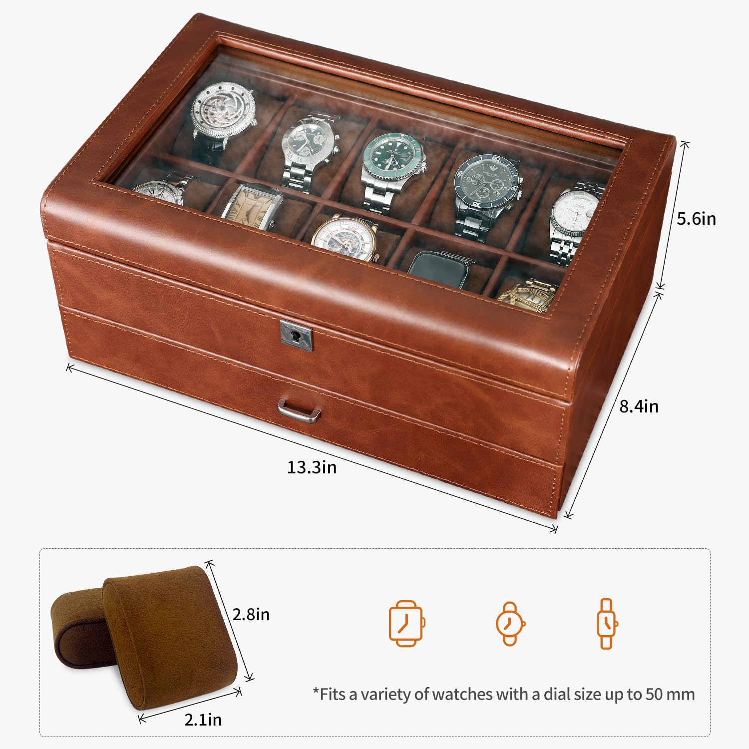 Boîte à montres en cuir avec tiroir - 10 emplacements verrouillables - Support de montres pour homme - Étui de luxe pour montres - Organiseur à 2 niveaux