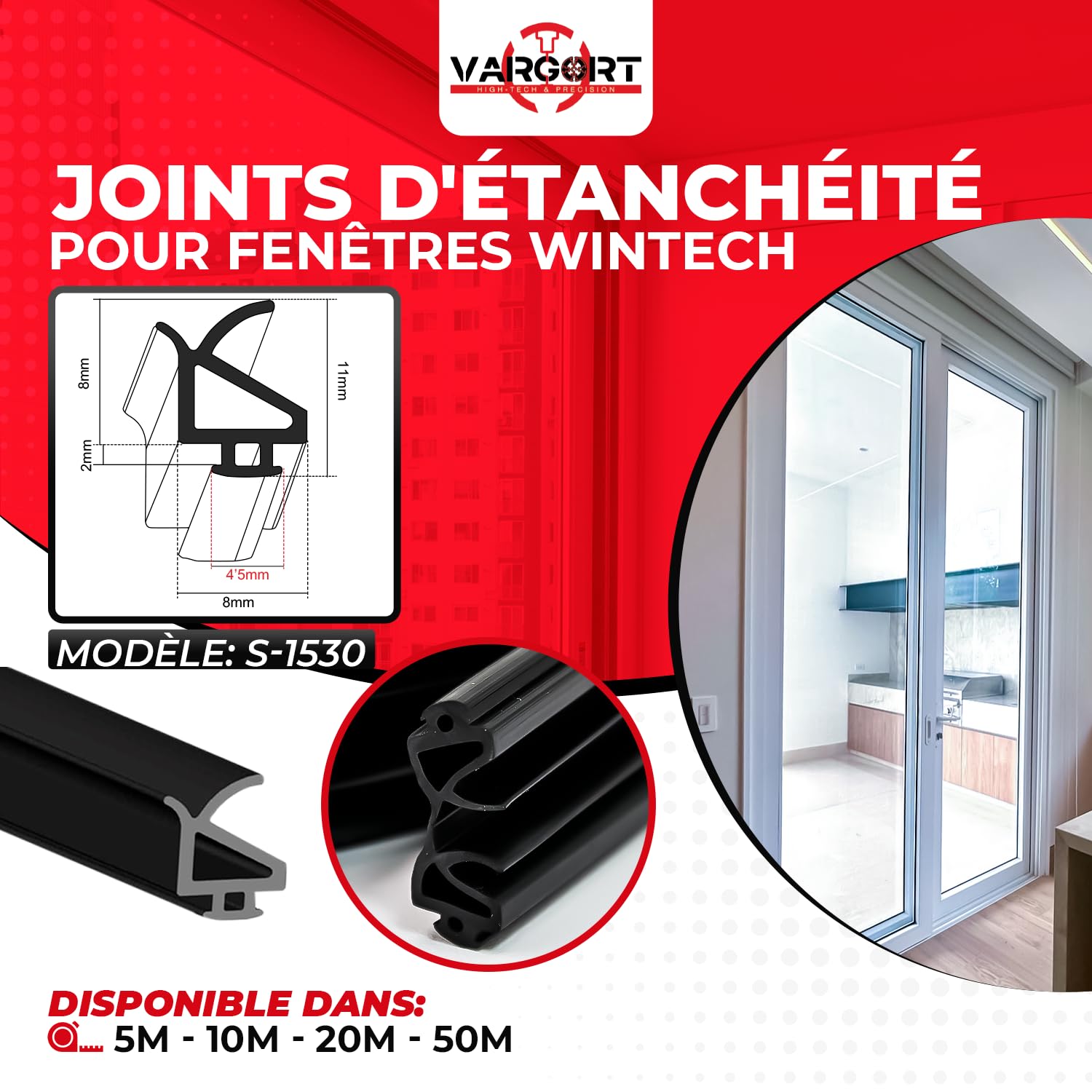 Joint de fenêtre, S-1530, (50mts) | Joint fenetre isolation conçu pour une performance maximale. Joint caoutchouc robuste et souple, idéal pour protéger les fenêtres PVC contre le froid et l’humidité.