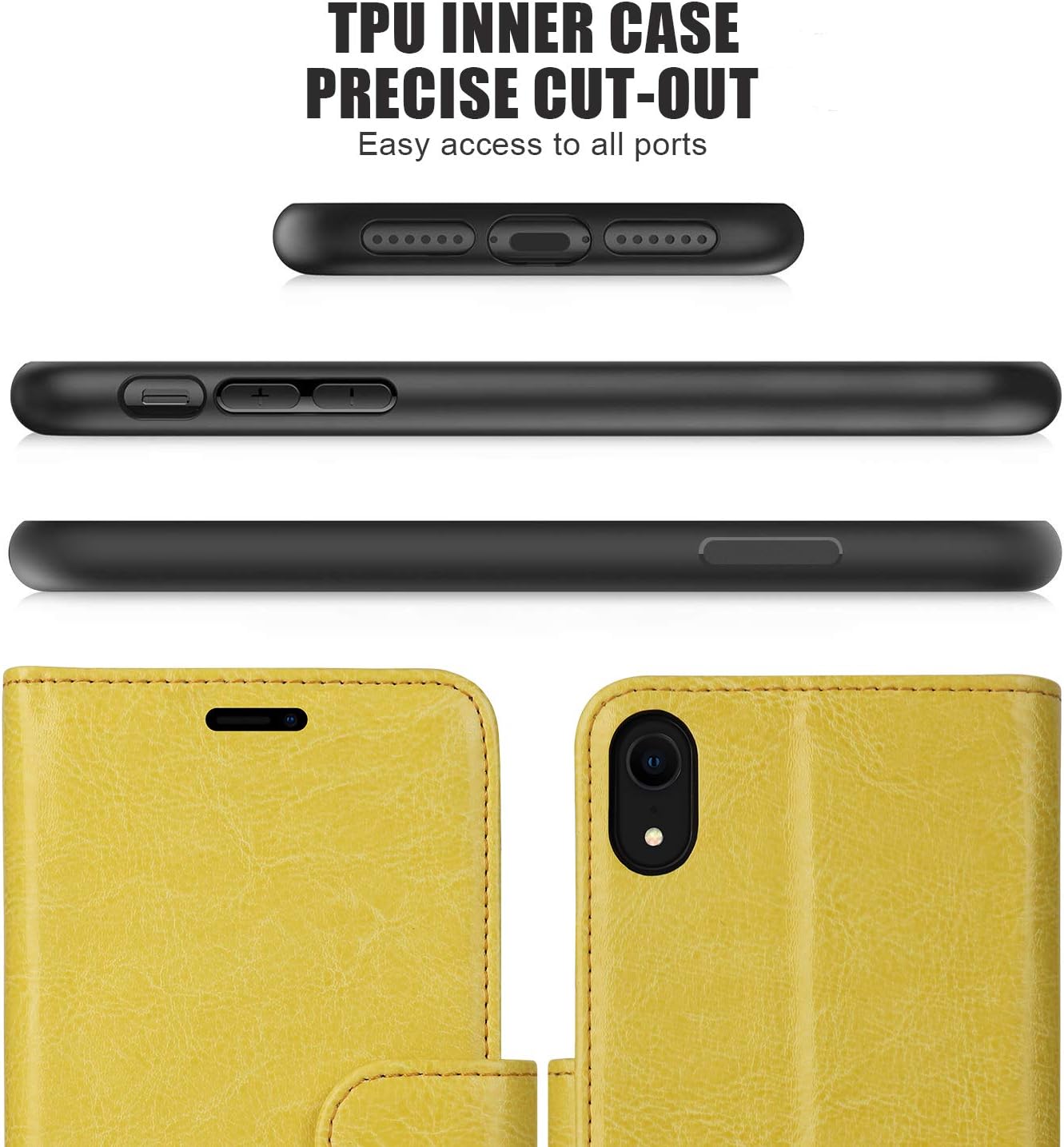 JISONCASE Leather Wallet Case for iPhone XR, Flip Genuine Leather Cover with Kickstand, Cash Slot, Magnetic Closure and Wireless Charger for Apple iPhone XR, 6.1", Yellow