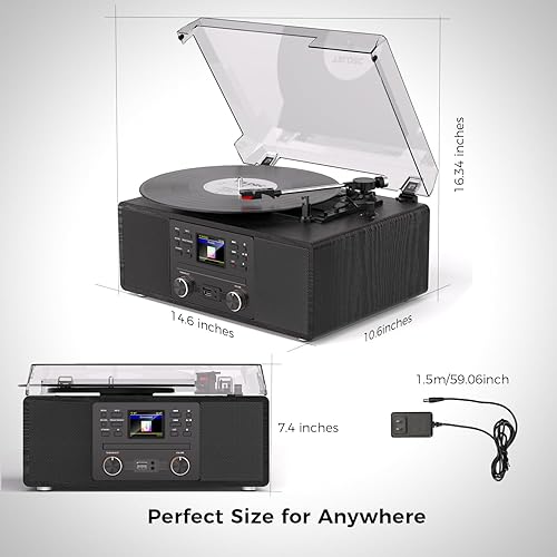 Miniatura 7 de Tocadiscos de vinilo Bluetooth con CD y radio por Internet, tocadiscos de 3 velocidades con grabación USB, salida AUXRCA, control remoto y tono,