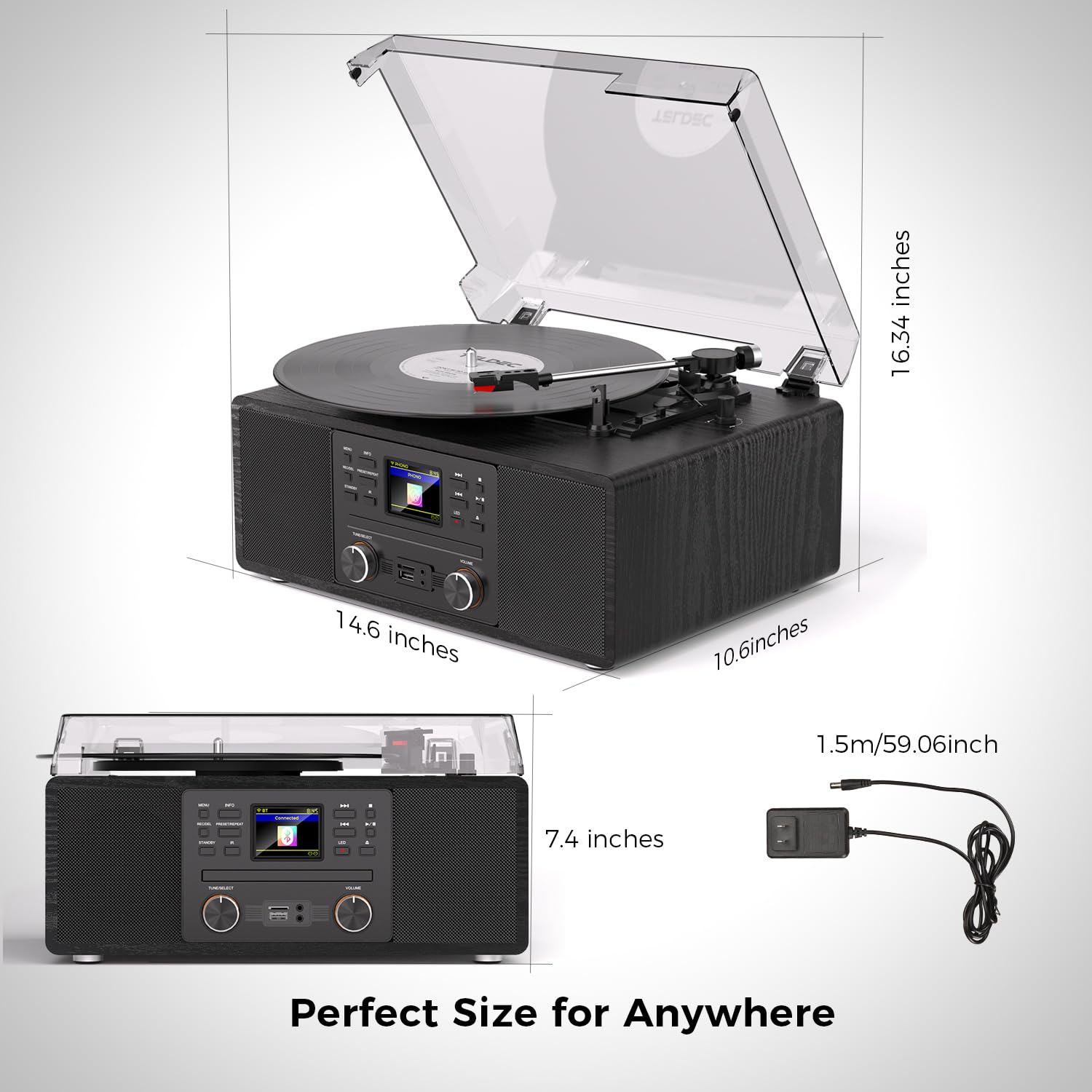 Giradischi Bluetooth in vinile con radio CD e Internet, giradischi con trasmissione a cinghia a 3 velocità con registrazione USB, uscita AUX/RCA, tono e telecomando, lettore in vinile nero vintage per