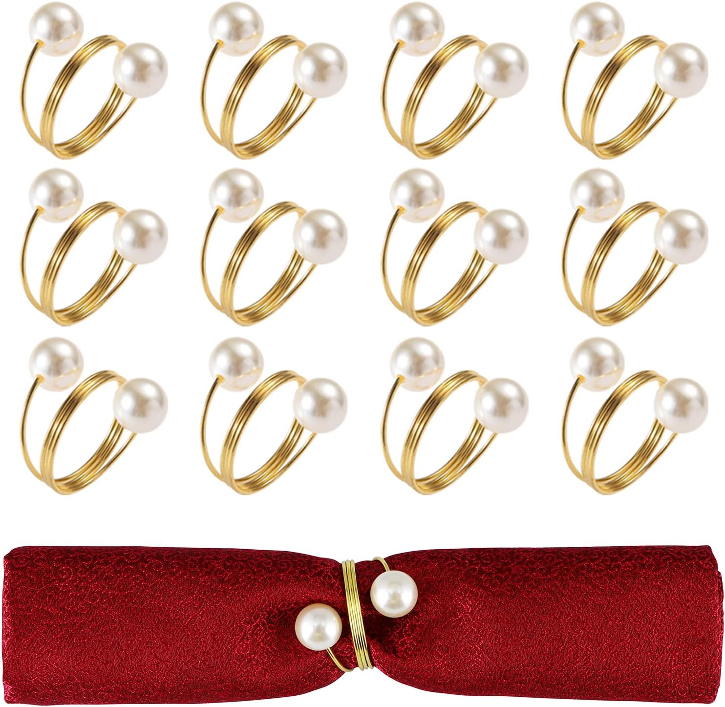 MDLUU Napkin Rings with Double-Pearl Design, Serviette Buckles for Wedding, Party, Dinner Table Decor, Set of 12