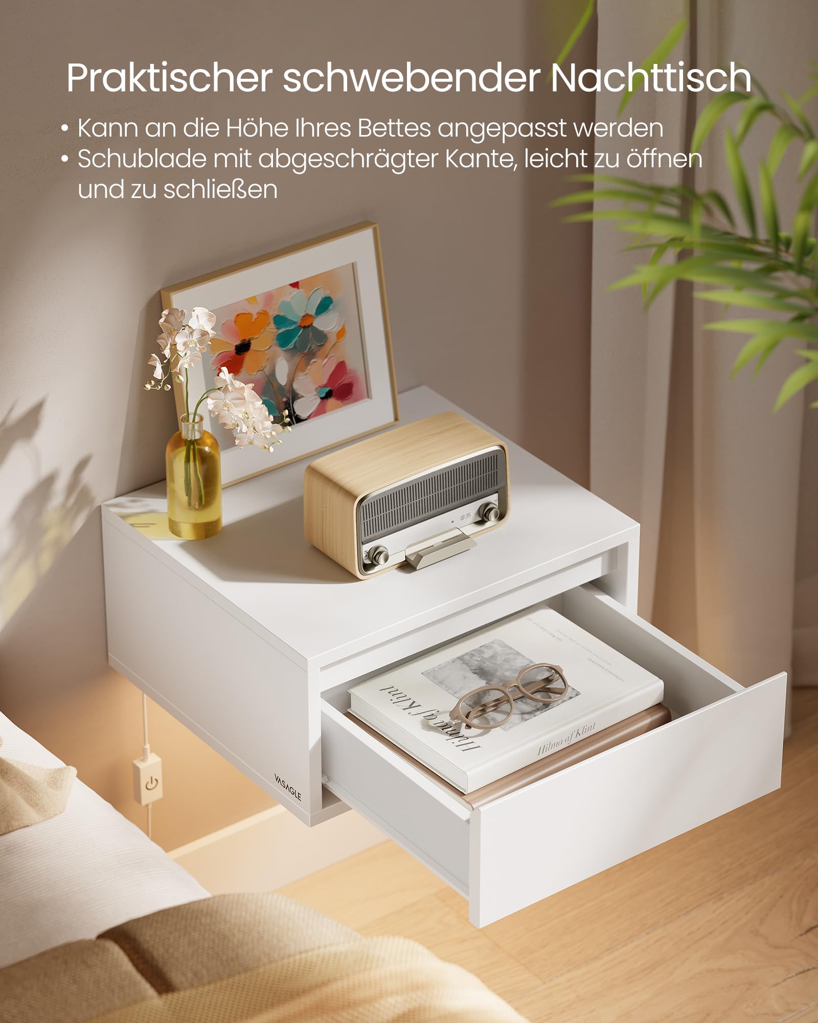 VASAGLE Kailyn Kollektion - Nachttisch hängend 2er Set, Leuchte mit 3 Farben, schwebendes Wandregal, Schublade, 35 x 40 x 18 cm, modern, Wohnzimmer Schlafzimmer, wolkenweiß LET854W01