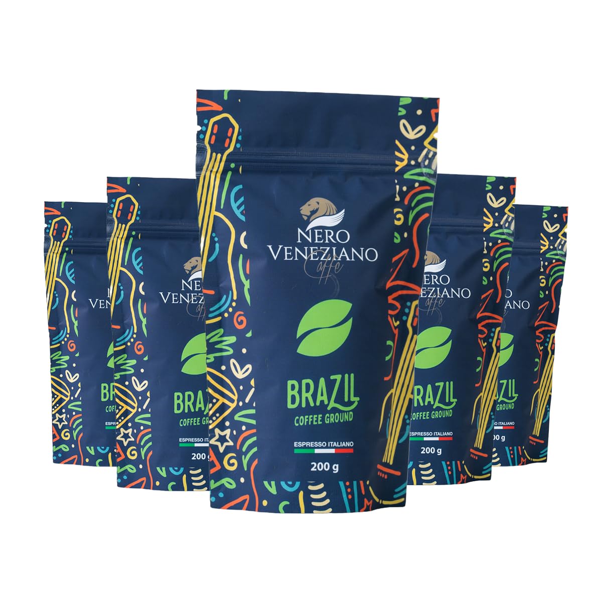 Nero Veneziano Brazil Caffè Macinato 5x200 g 60% Arabica 40% Canephora, Tostatura Media, Note di Cioccolato e Nocciola, Bassa Acidità per MOKA