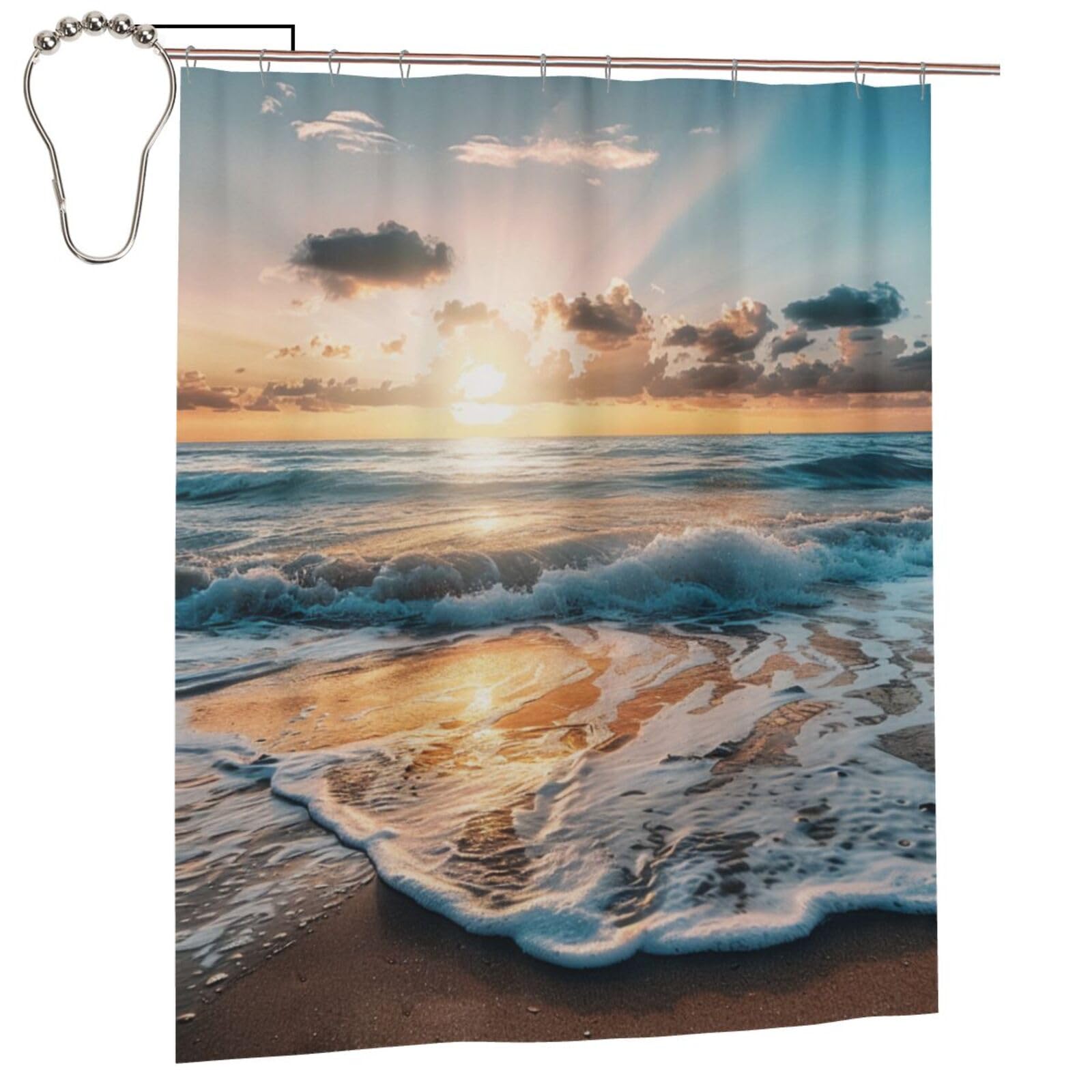 BWWHCCTI Beach Sunset Sea Waves Printed Shower Curtain With 12 Iron Hooks Opaque Quick Drying Waterproof Shower Curtains Sets For Bathroom 152x183 Cm